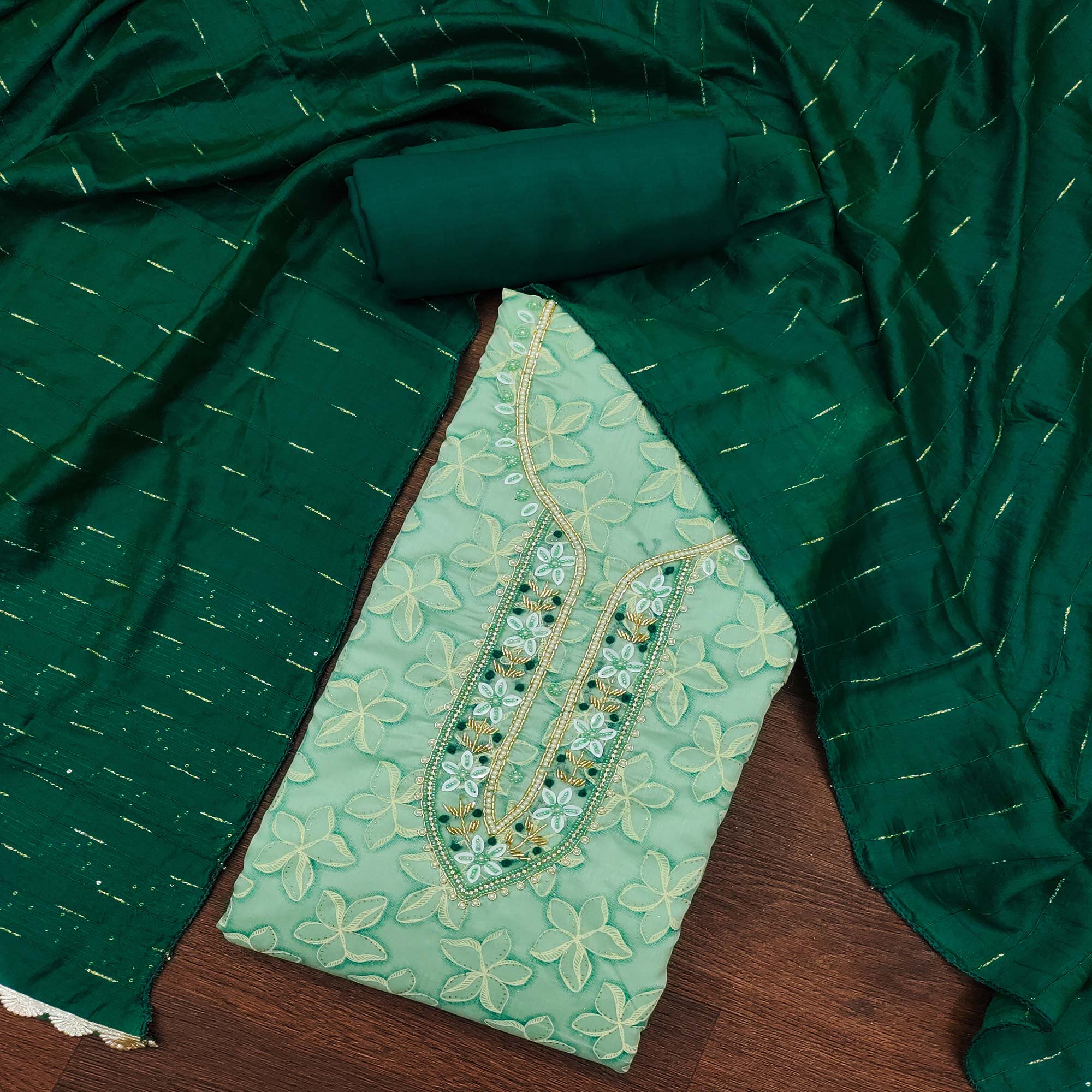 Green Floral Printed With Hand Embroidery Chanderi Dress Material