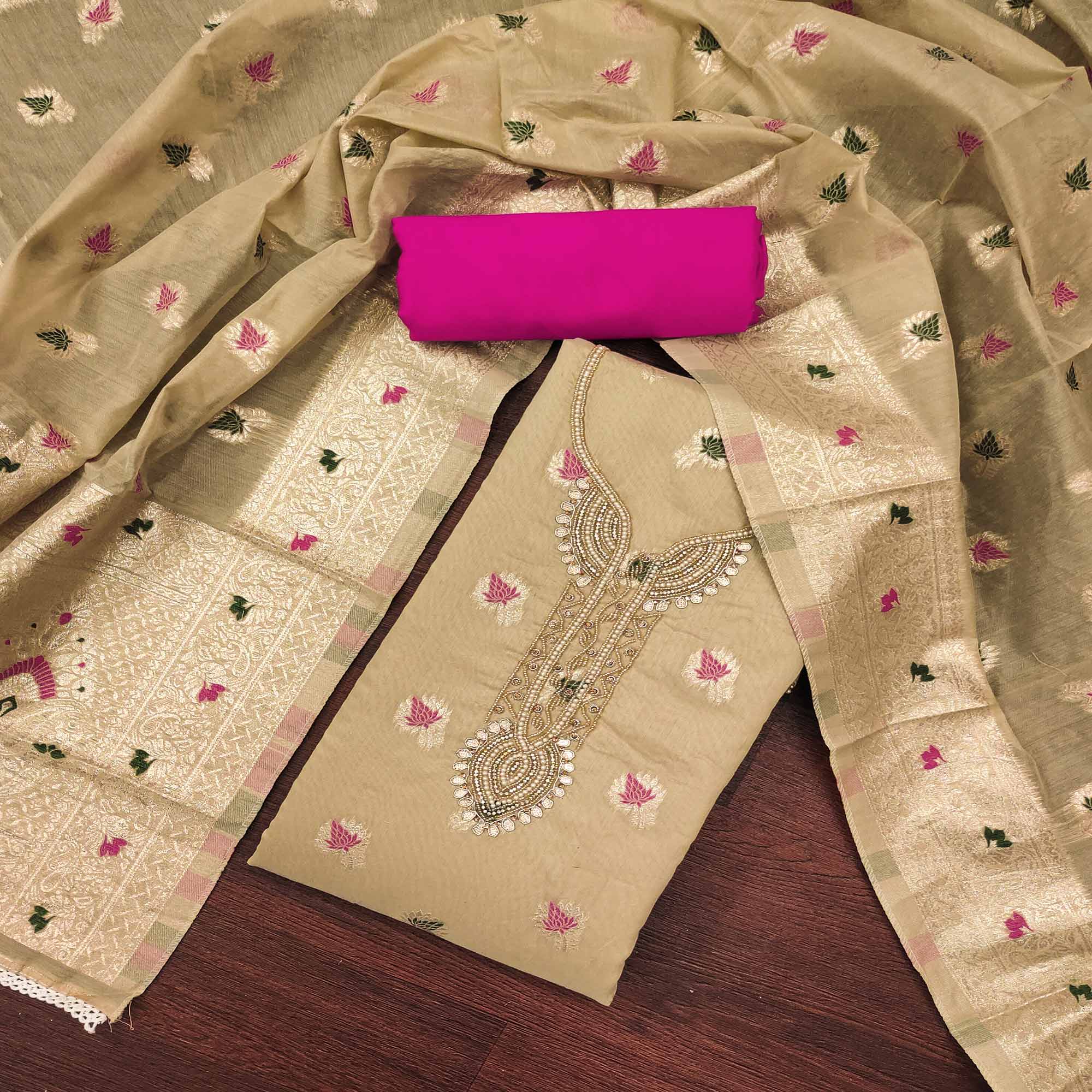 Chikoo Woven With Handwork Muslin Dress Material