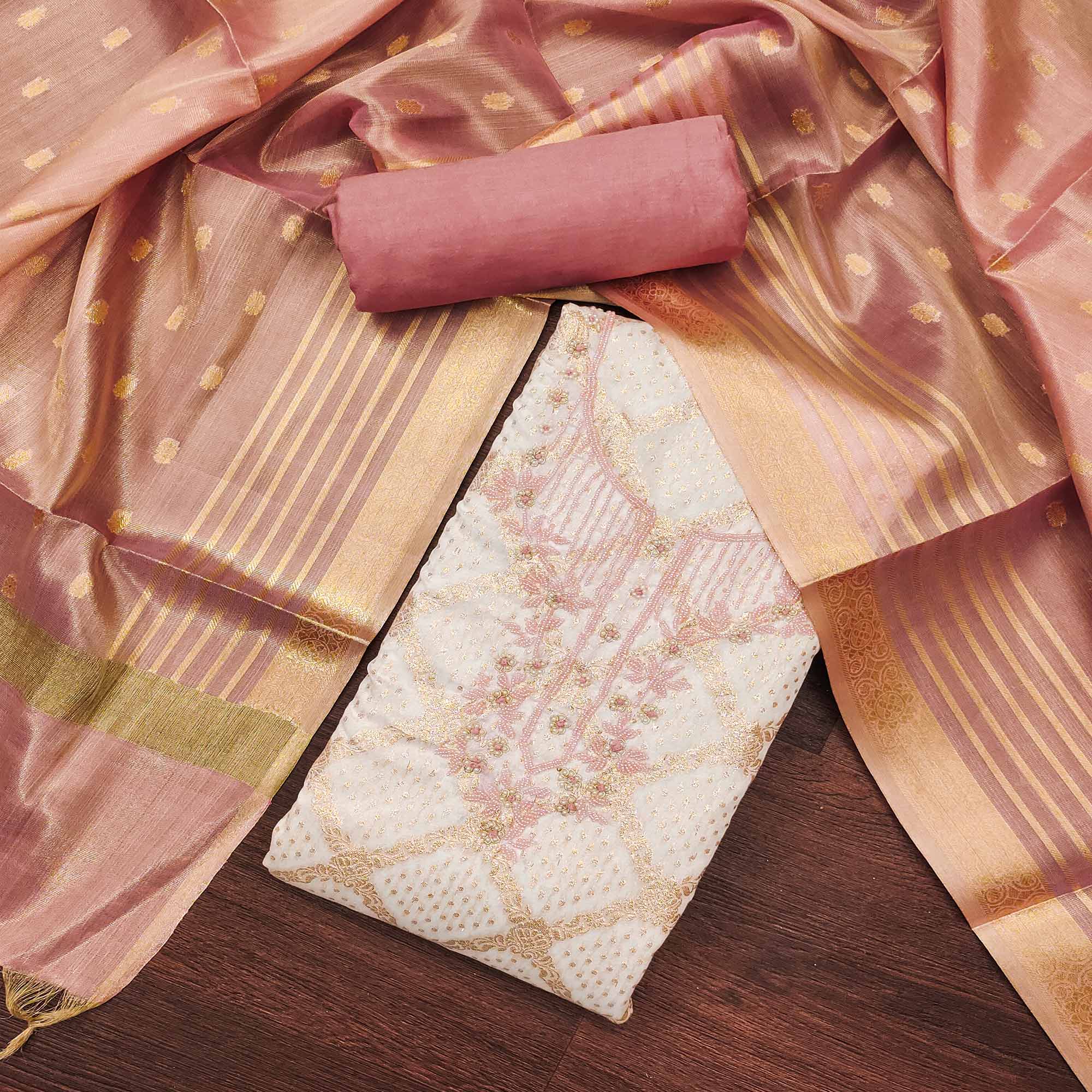 Off white & Pink Woven With Handwork Muslin Dress Material