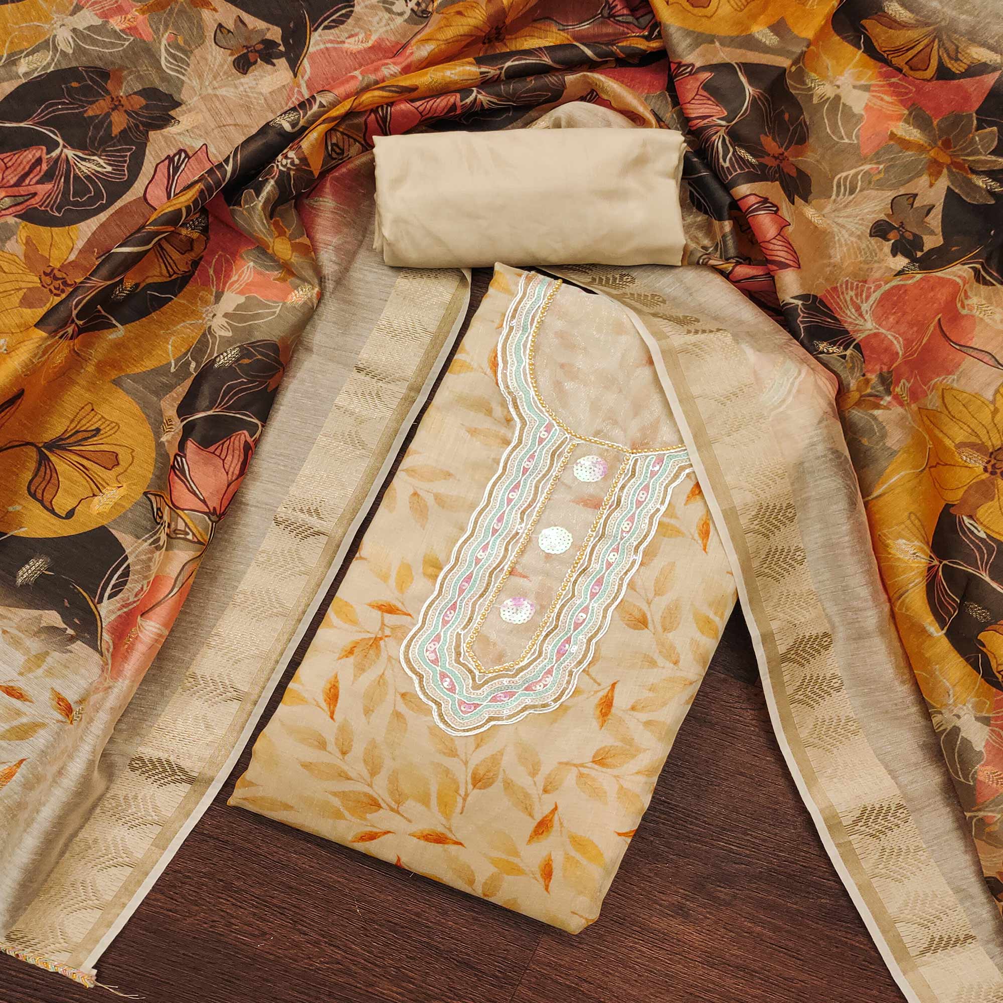 Chikoo Printed With Sequins Embroidered Chanderi Dress Material