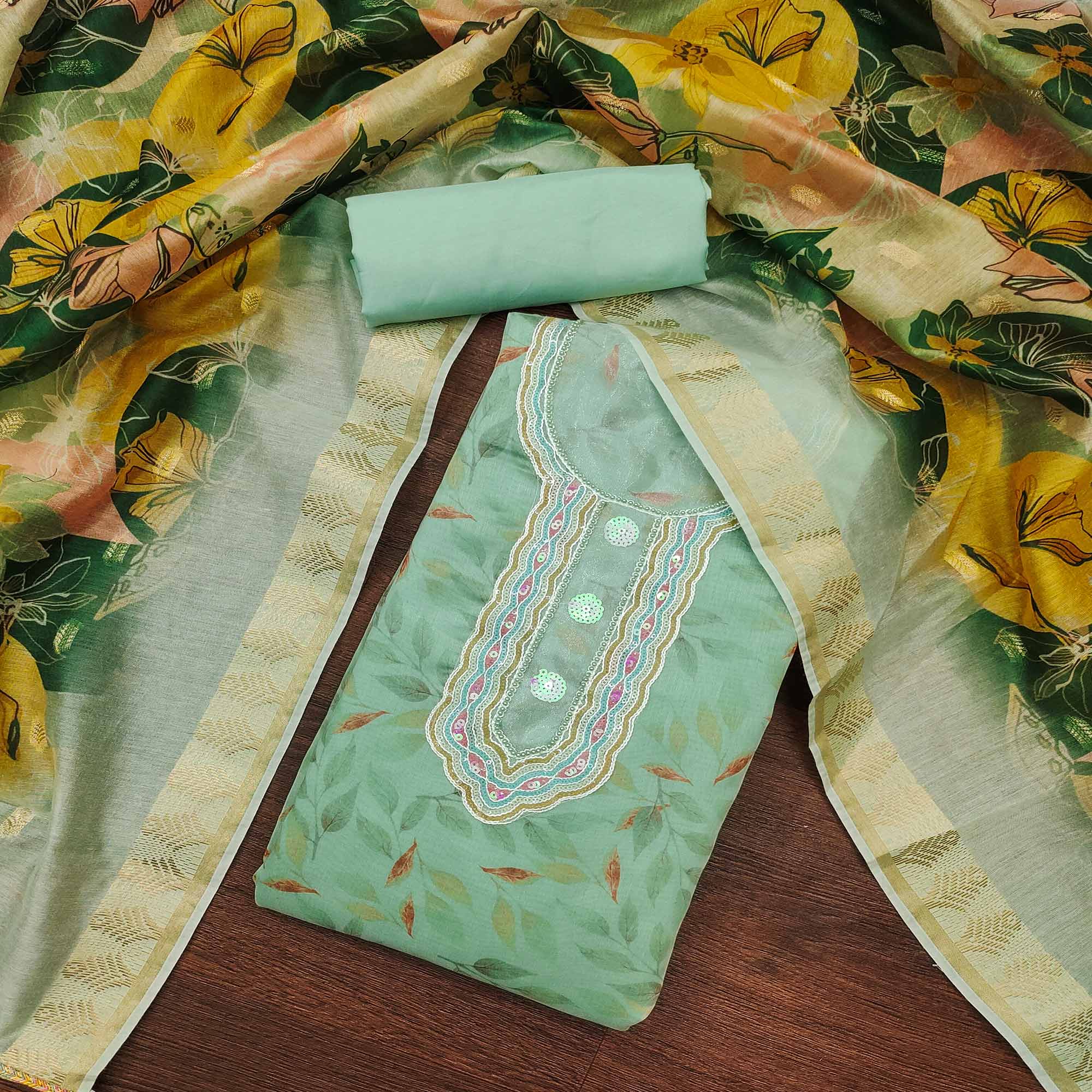 Sea Green Printed With Sequins Embroidered Chanderi Dress Material