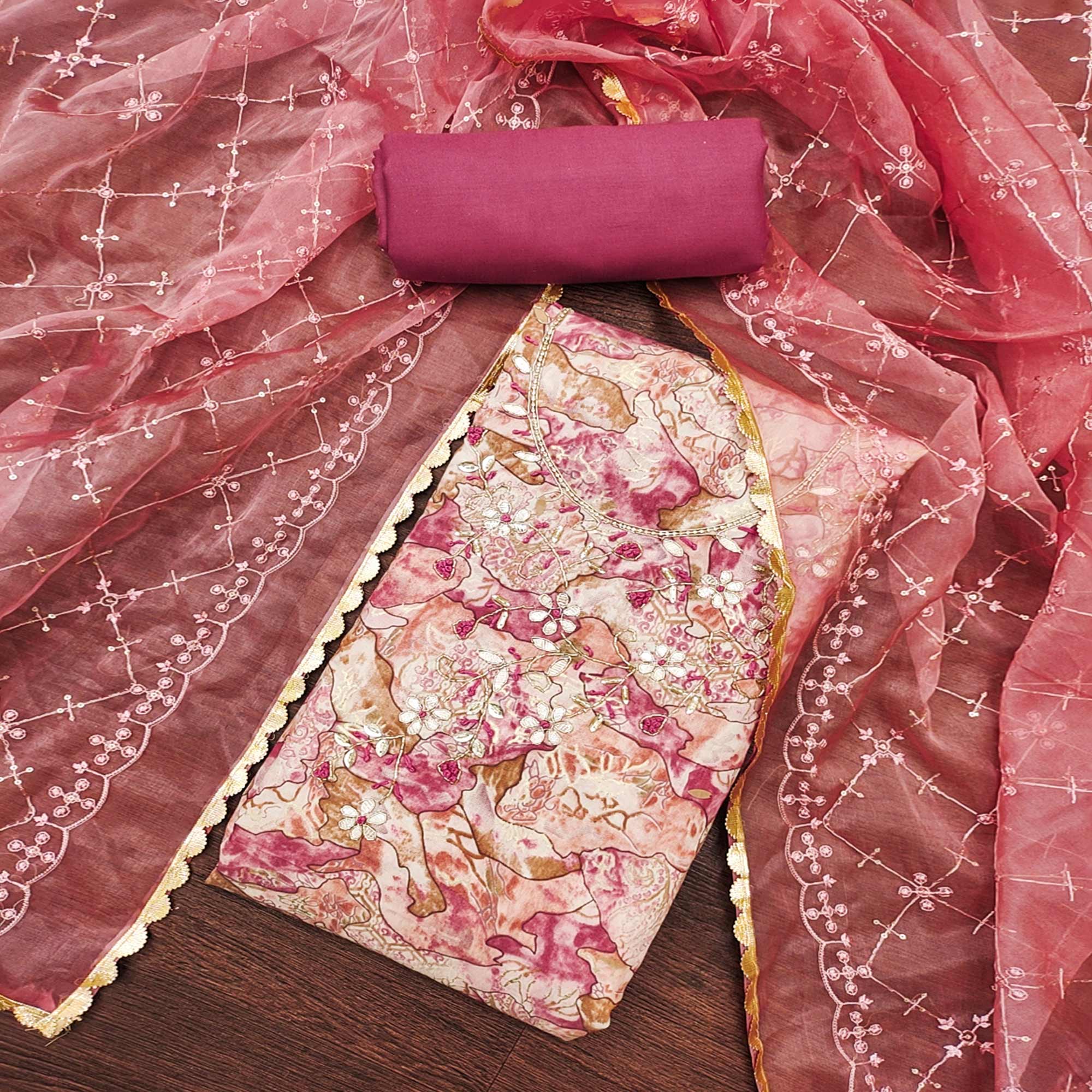 Pink Printed With Hand Embroidered Muslin Dress Material