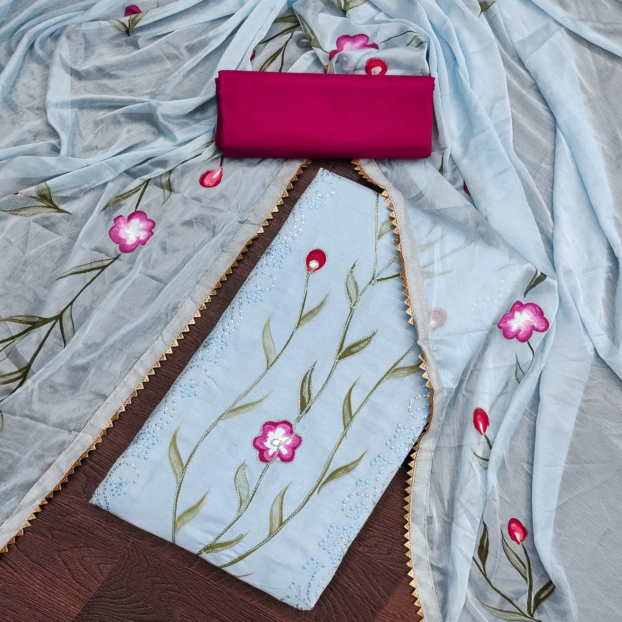 Bluish Grey Hand Embroidery With Printed Pure Cotton Dress Material