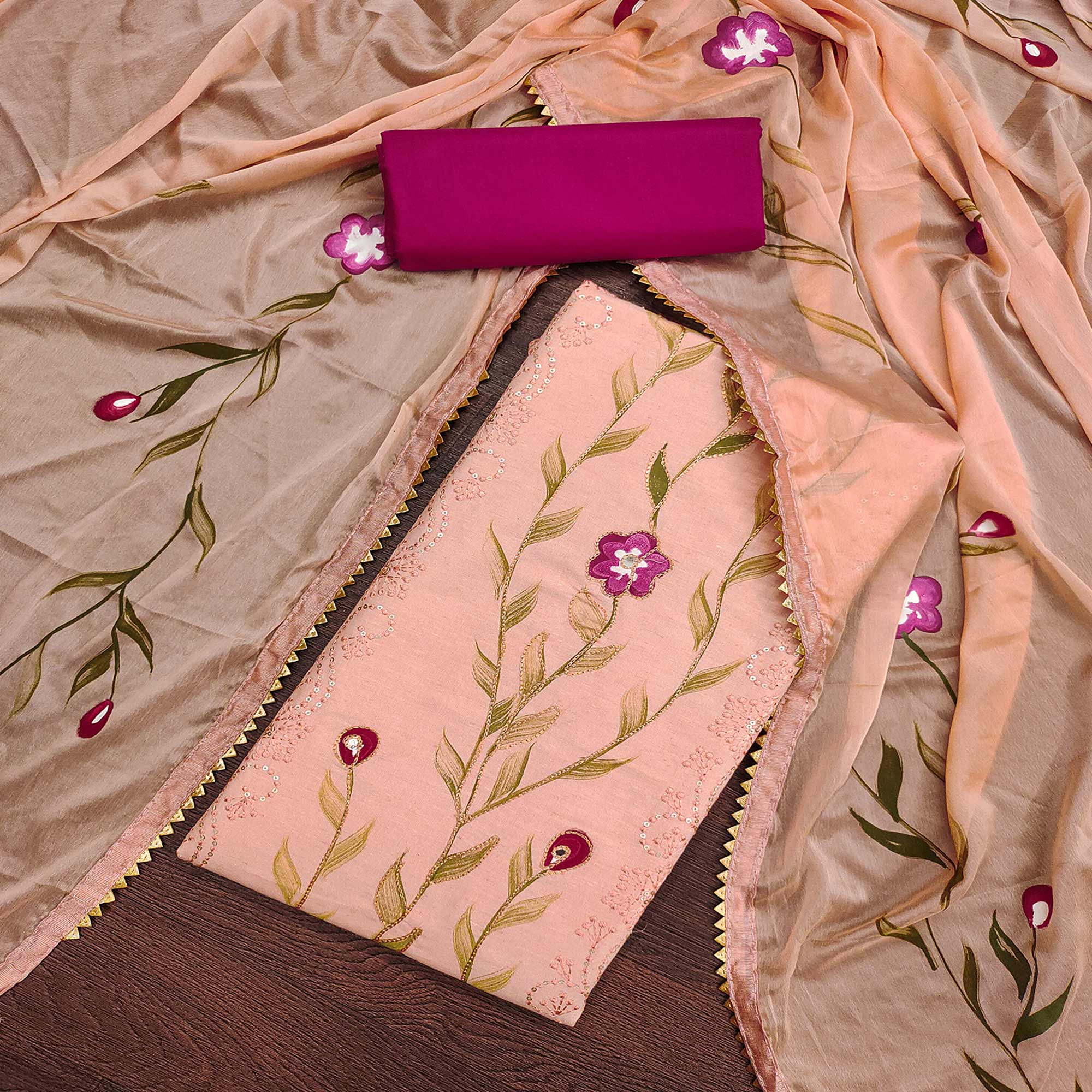 Peach Hand Embroidery With Printed Pure Cotton Dress Material