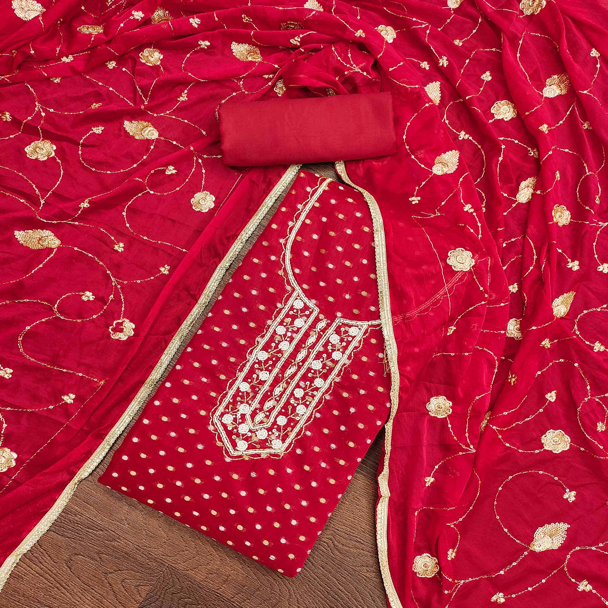 Red Woven With Hand Embroidery Chanderi Dress Material
