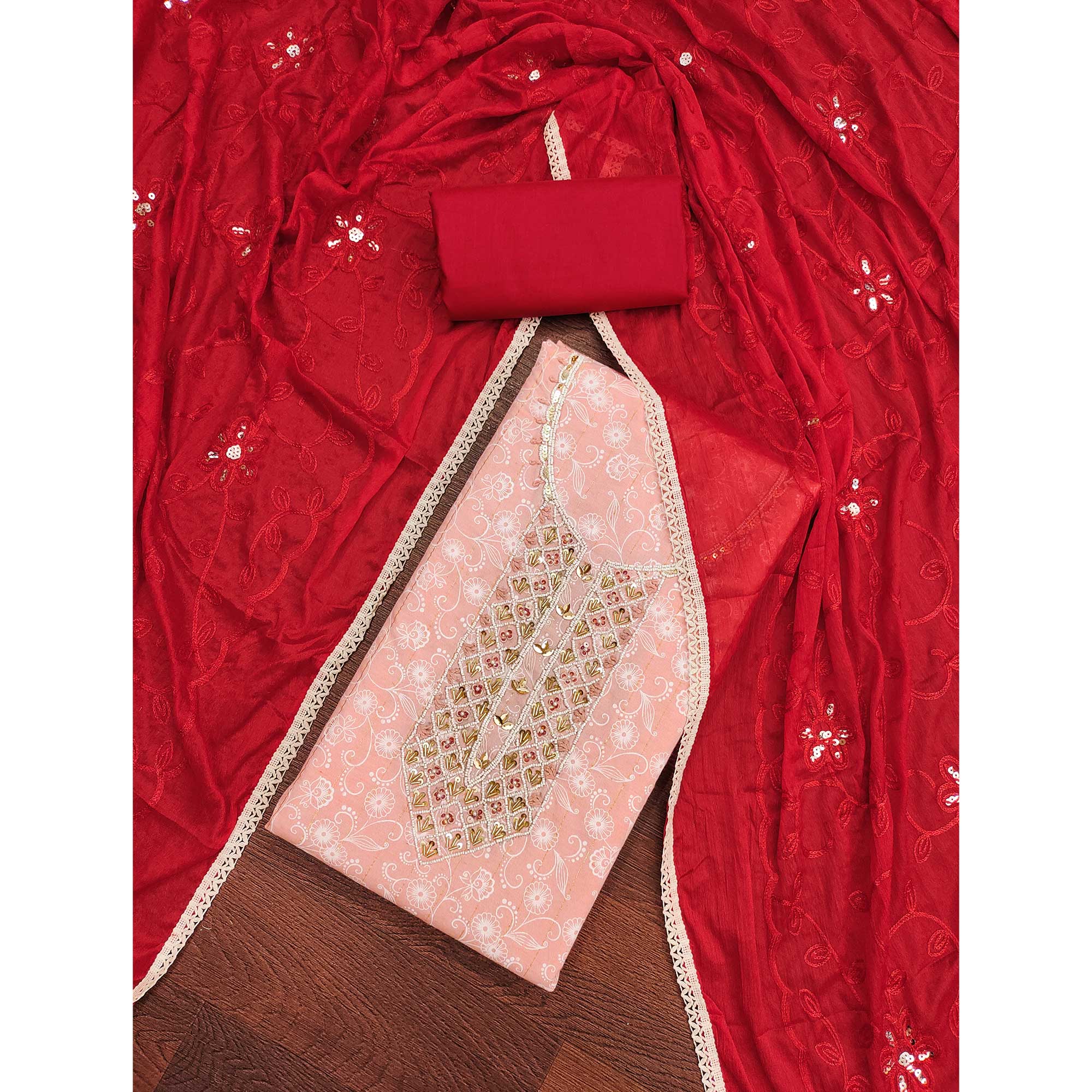 Peach Floral Printed With Hand Embroidery Pure Cotton Dress Material