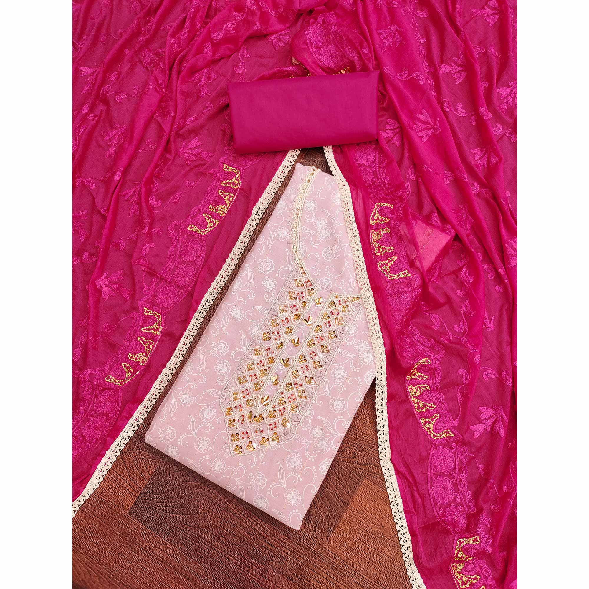 Pink Floral Printed With Hand Embroidery Pure Cotton Dress Material