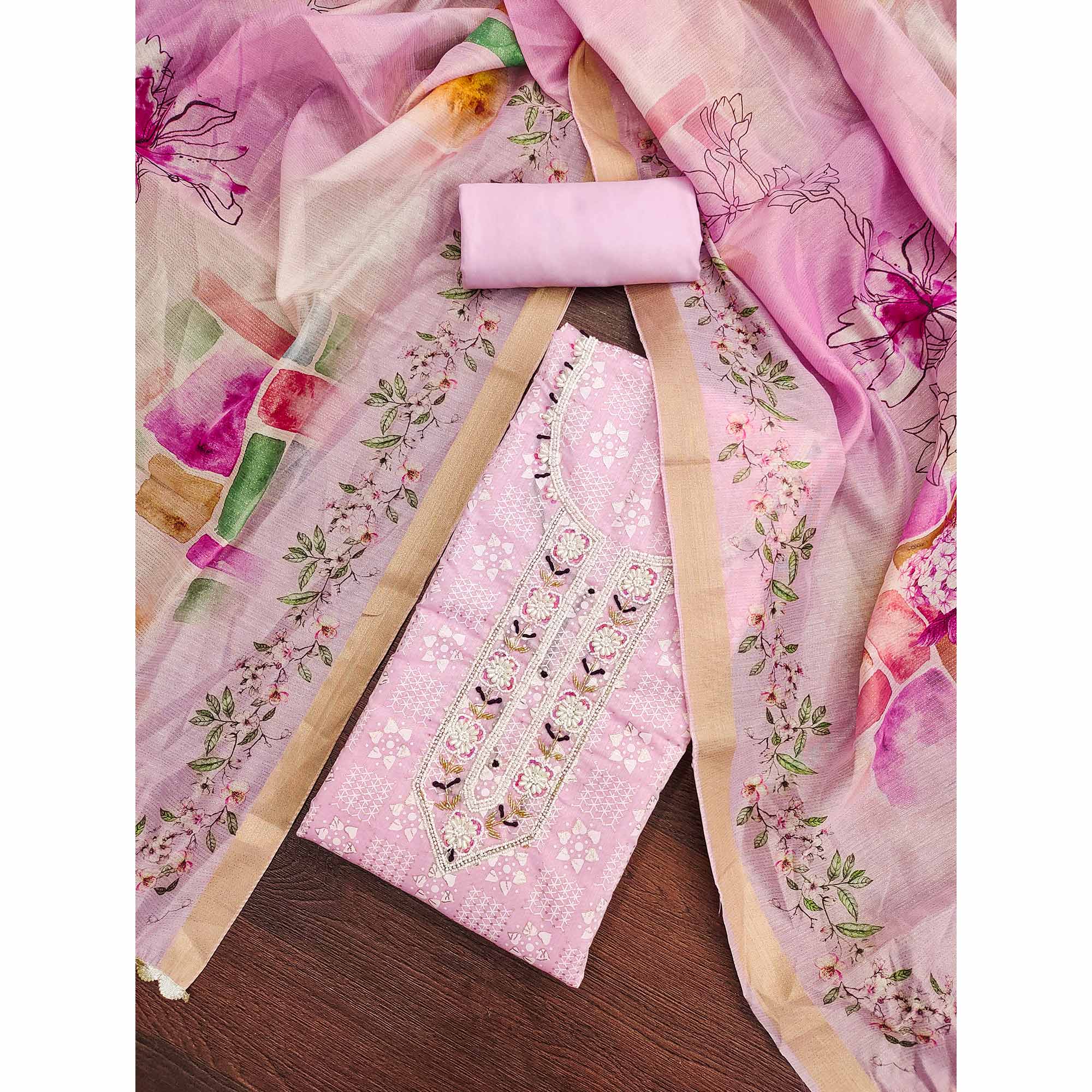 Pink Floral Printed With Hand Embroidery Chanderi Dress Material