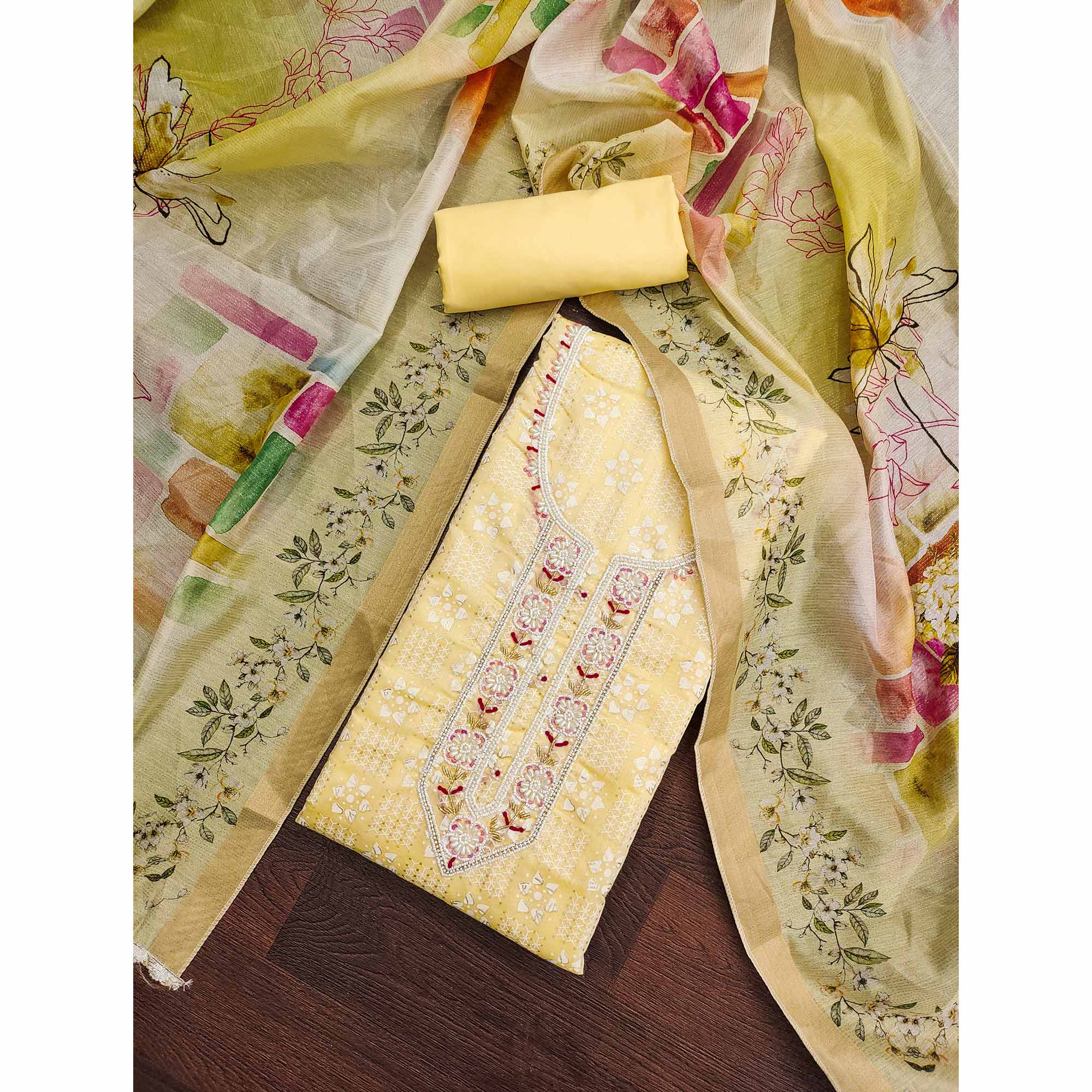 Yellow Floral Printed With Hand Embroidery Chanderi Dress Material