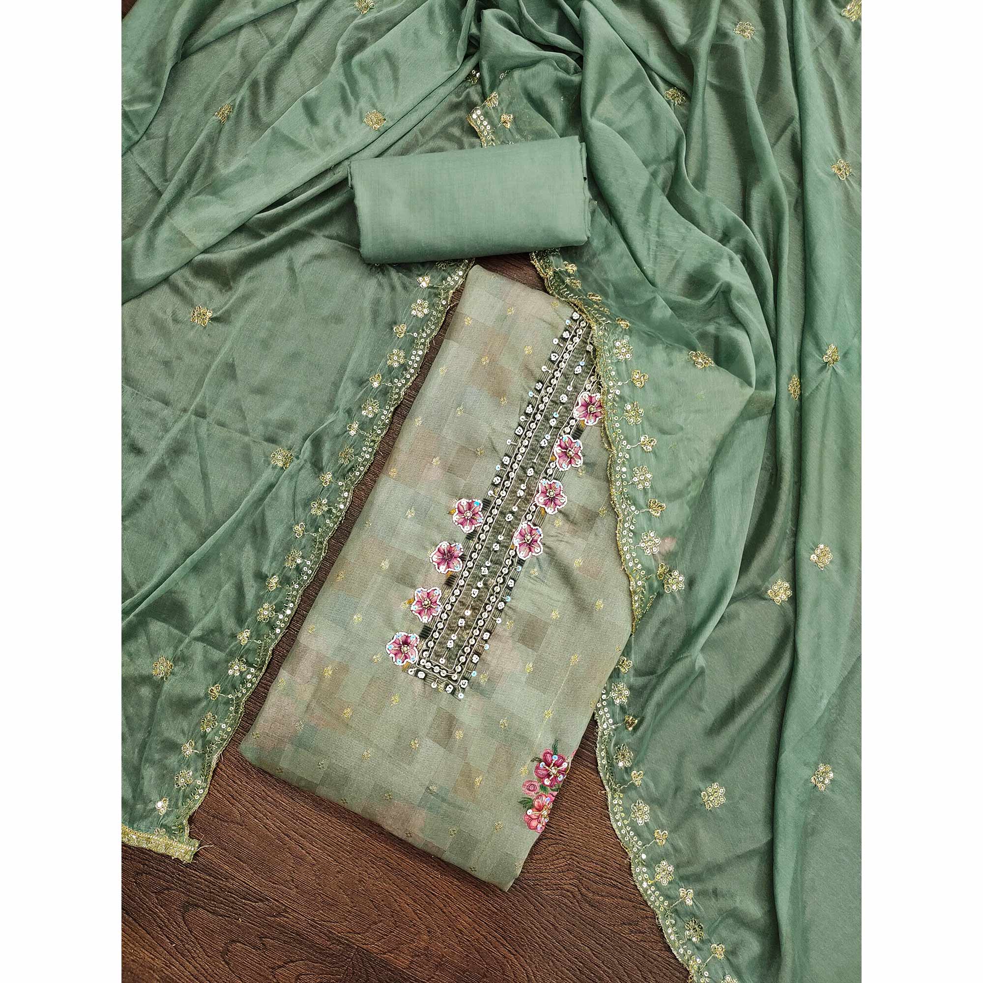 Green Floral Digital Printed With Handwork Chanderi Dress Material