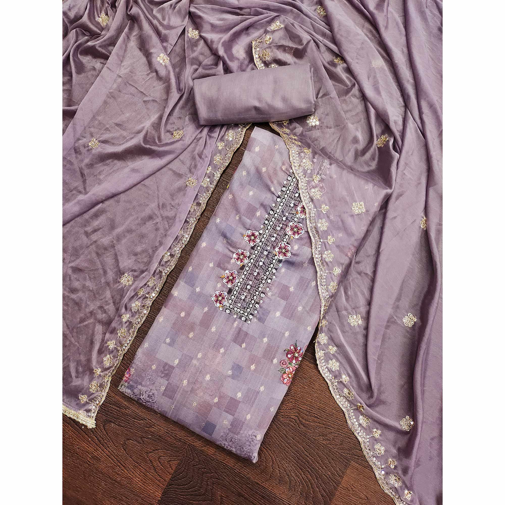 Purple Floral Digital Printed With Handwork Chanderi Dress Material