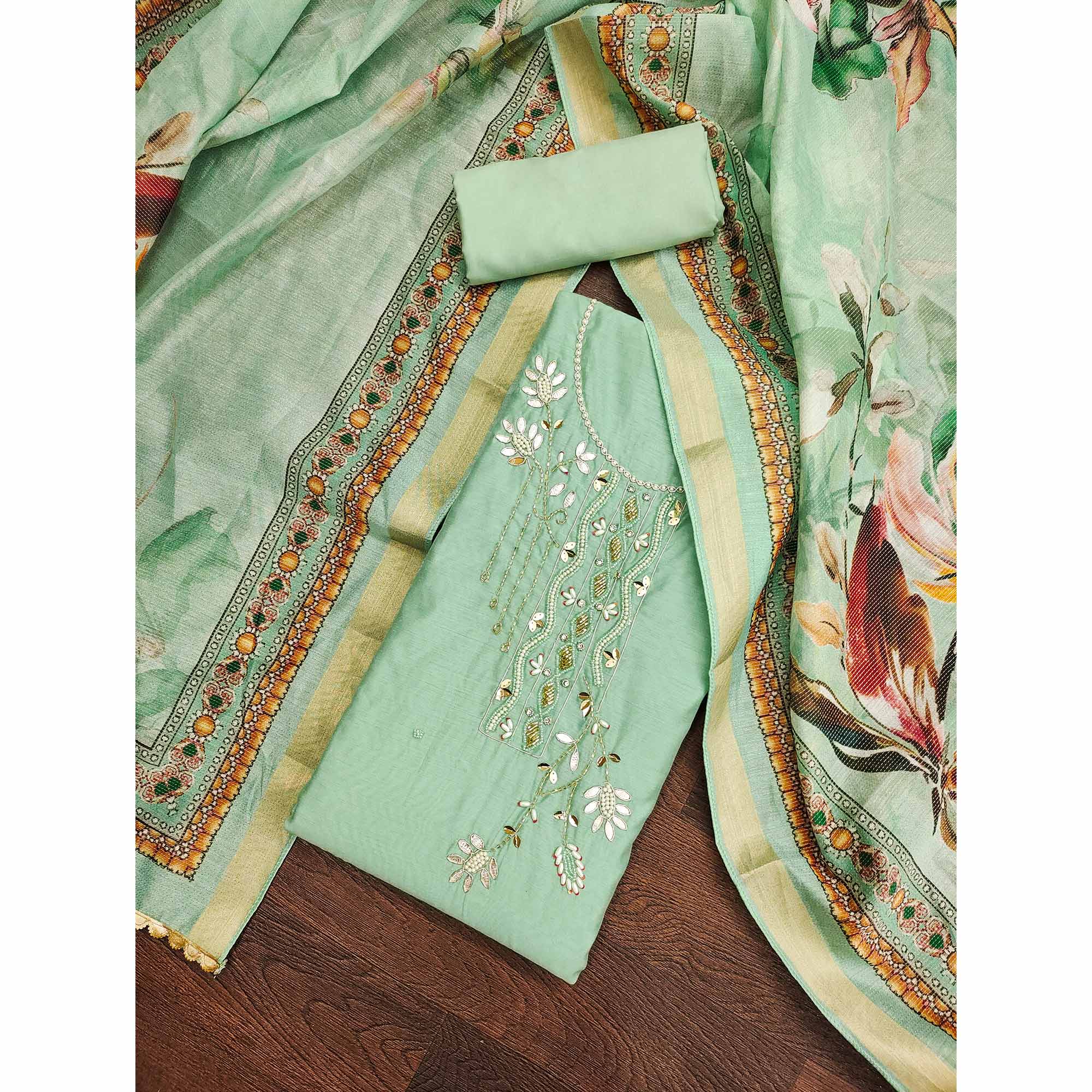 Green Floral Hand Embroidery Chanderi Dress Material