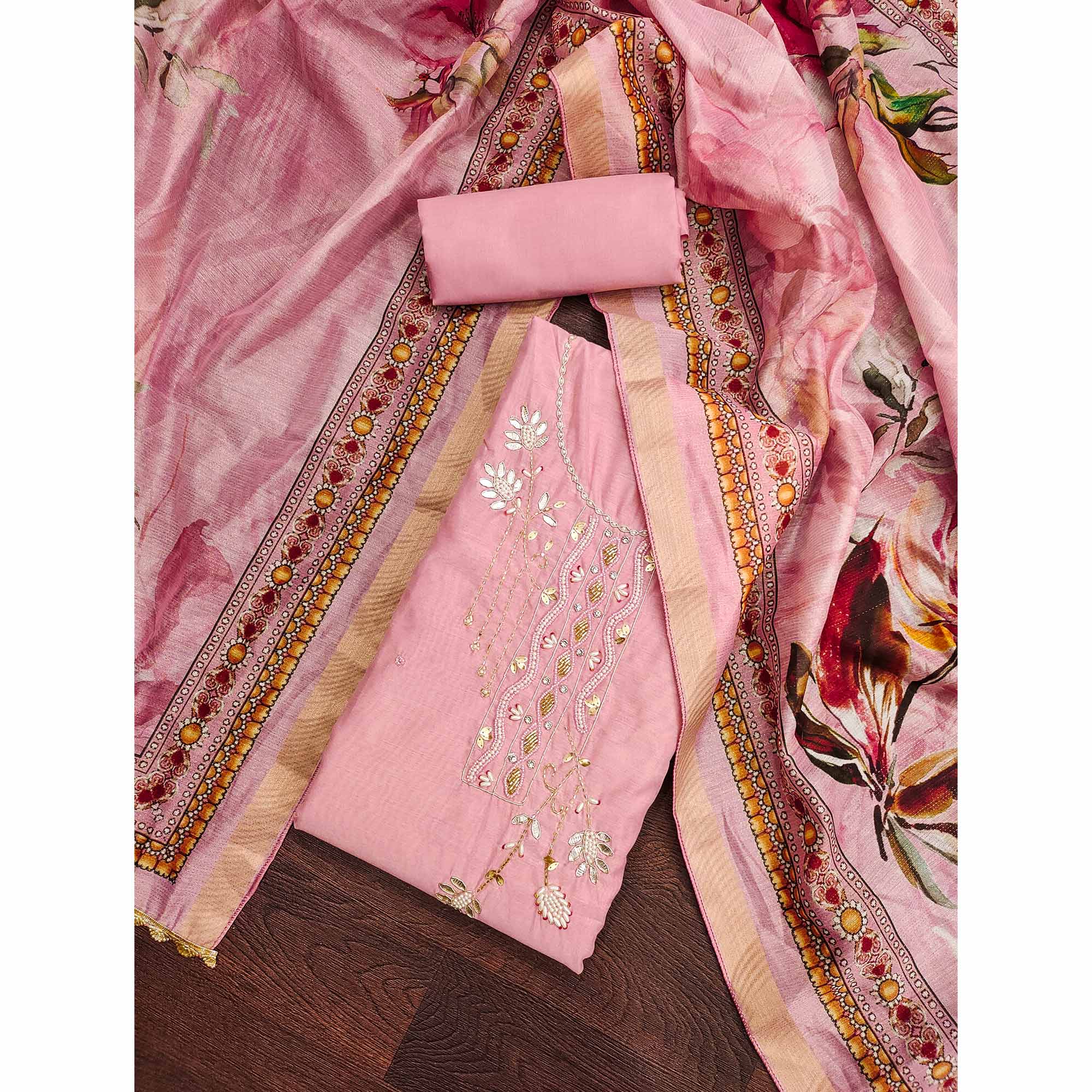 Pink Floral Hand Embroidery Chanderi Dress Material
