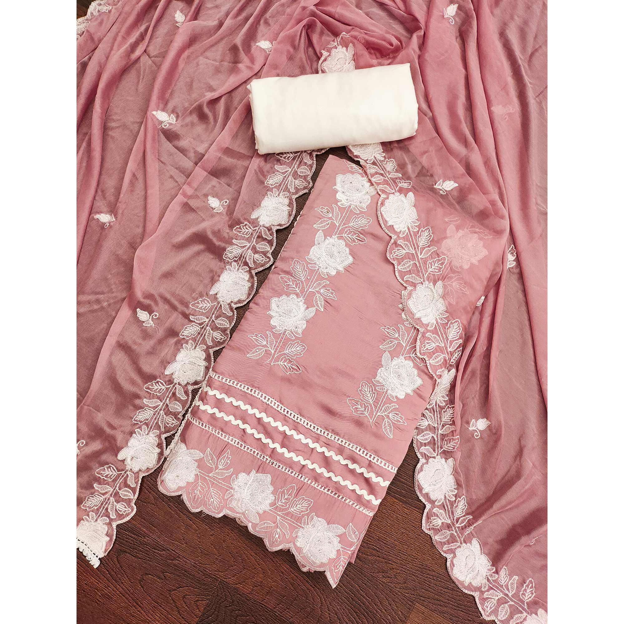 Peach Floral Stone Embroidered Cotton Silk Dress Material