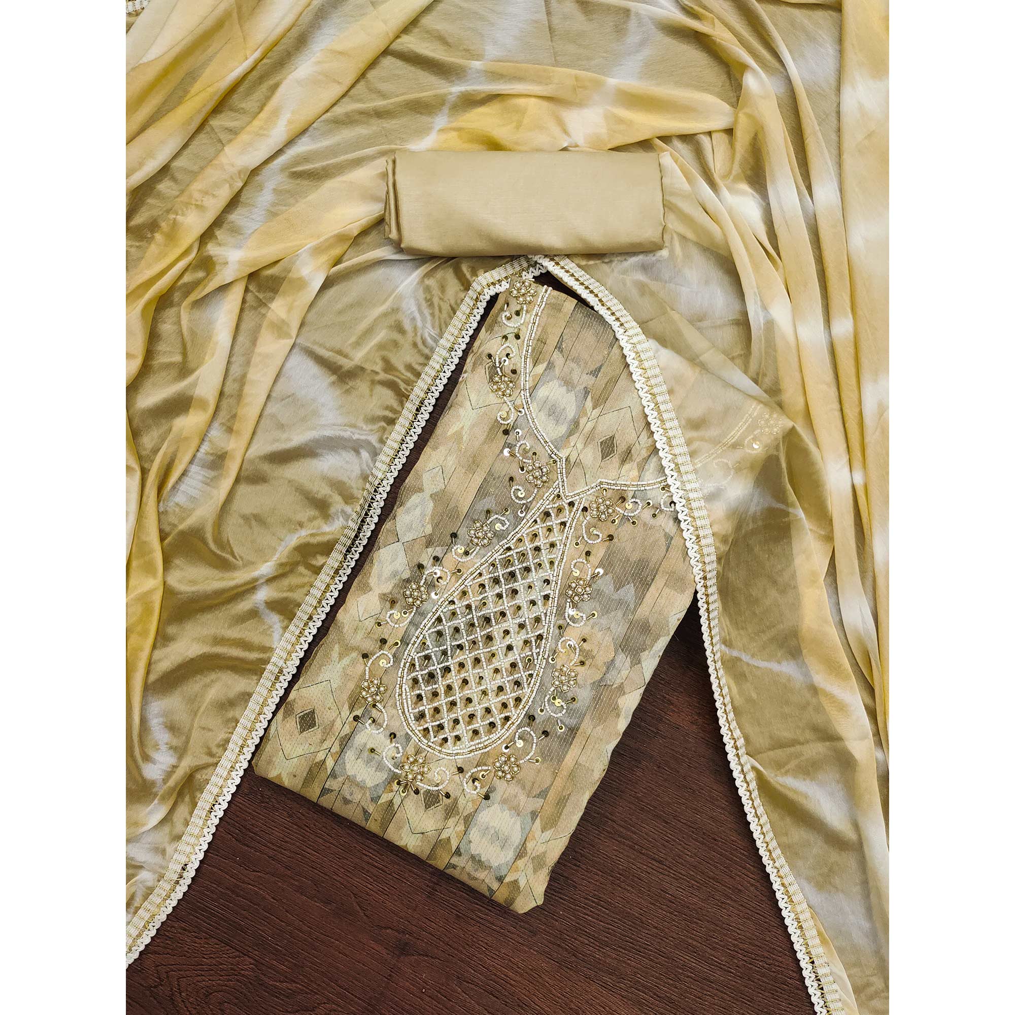 Cream Digital Printed With Hand Embroidery Chanderi Dress Material