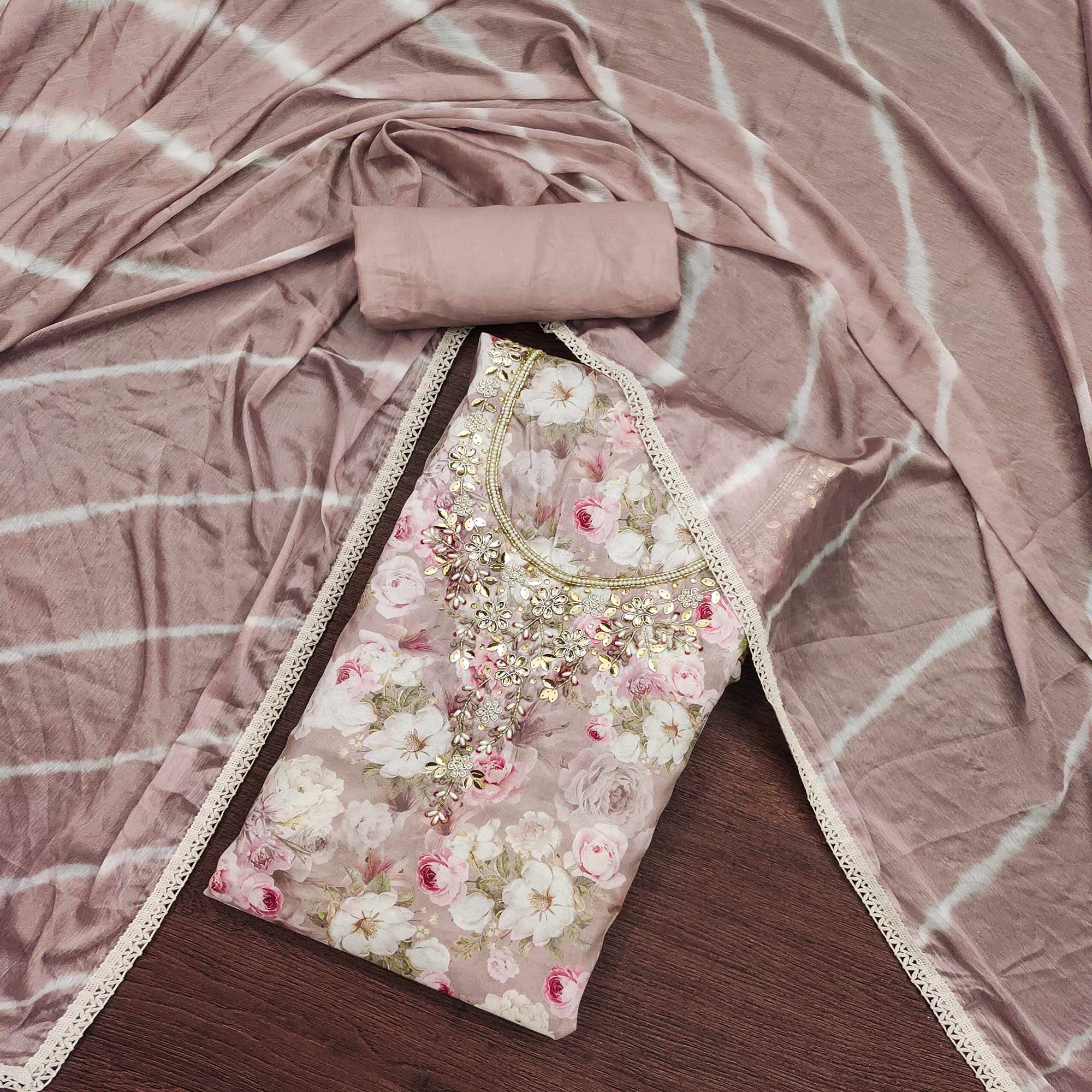 Dusty Peach Floral Digital Printed With Hand Embroidery Muslin Dress Material