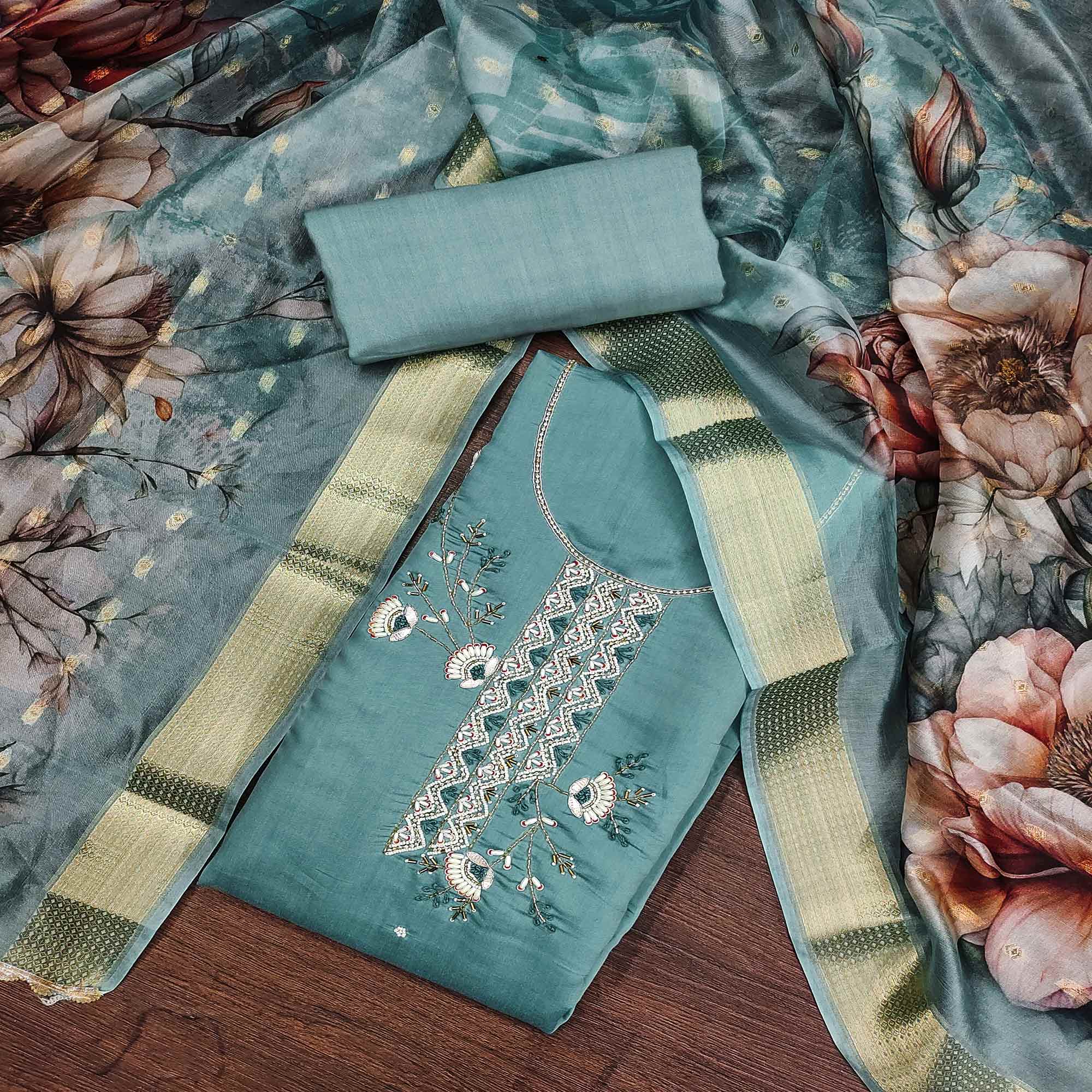 Blue Floral Hand Embroidered Cotton Silk Dress Material