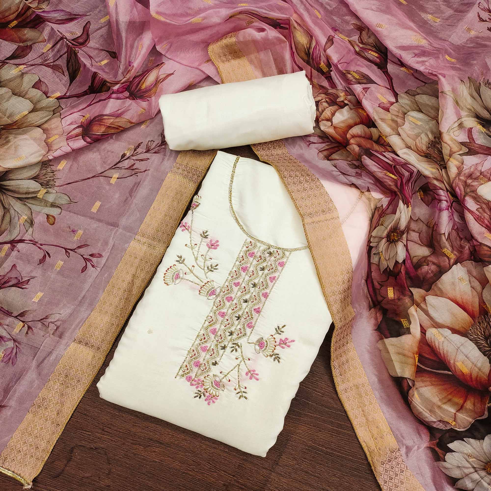Offwhite Floral Hand Embroidered Cotton Silk Dress Material