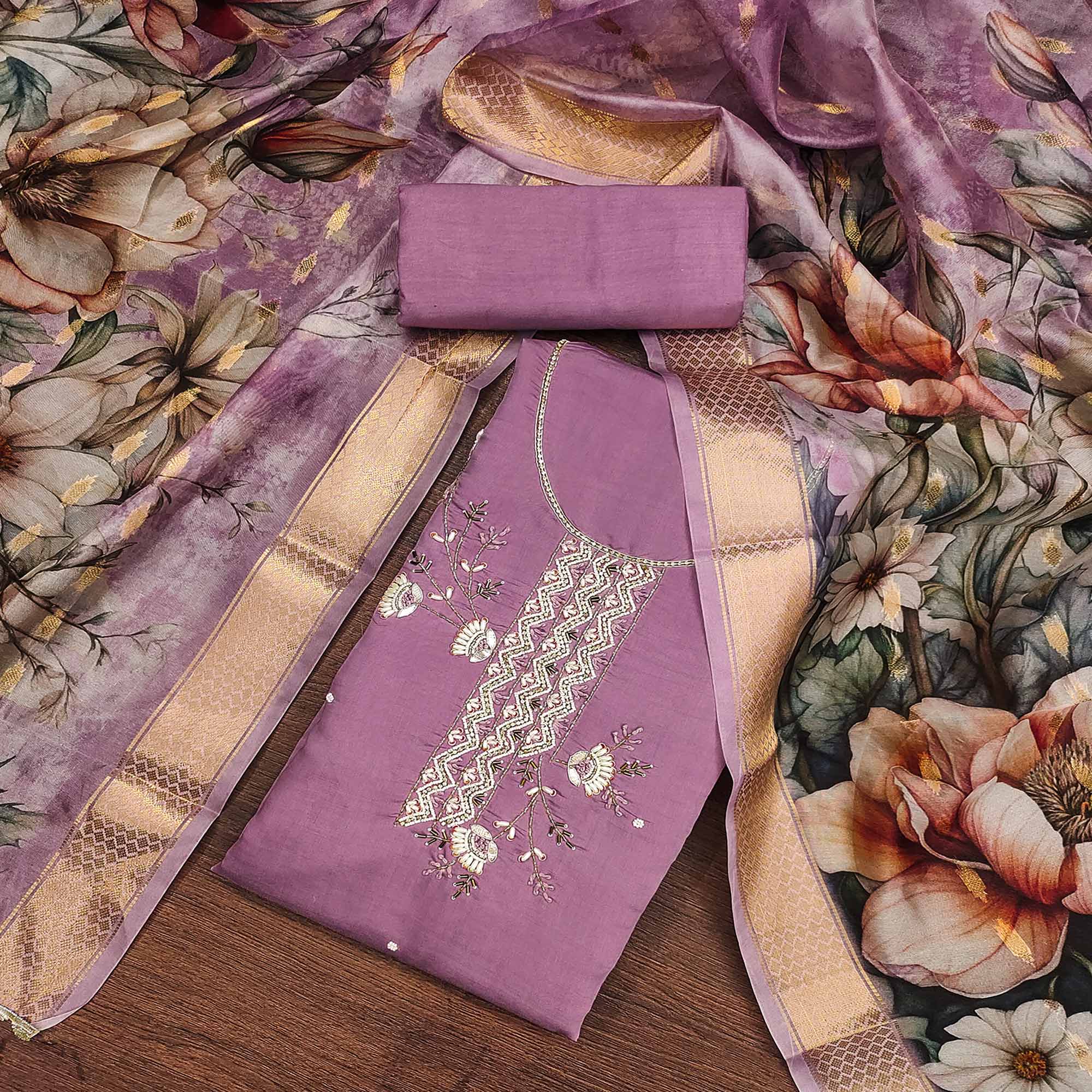 Purple Floral Hand Embroidered Cotton Silk Dress Material