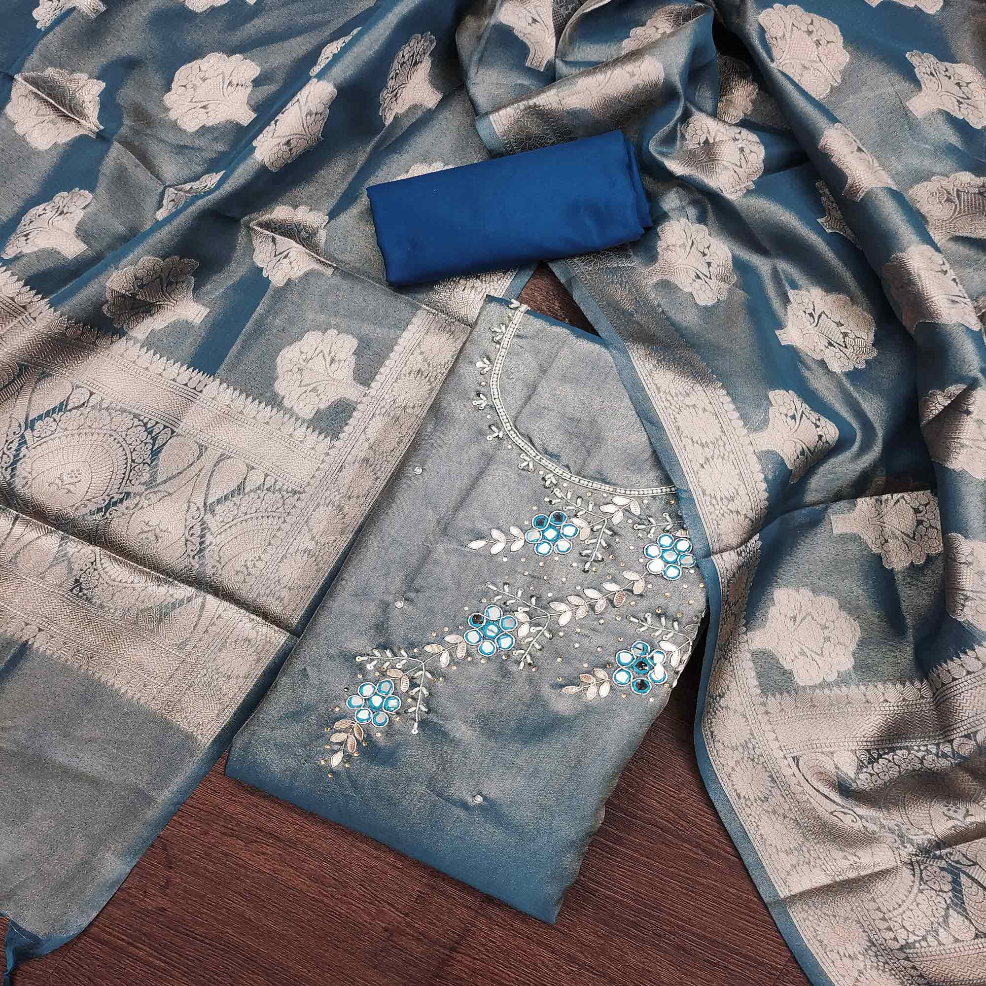 Blue Floral Hand Embroidered Viscose Dress Material