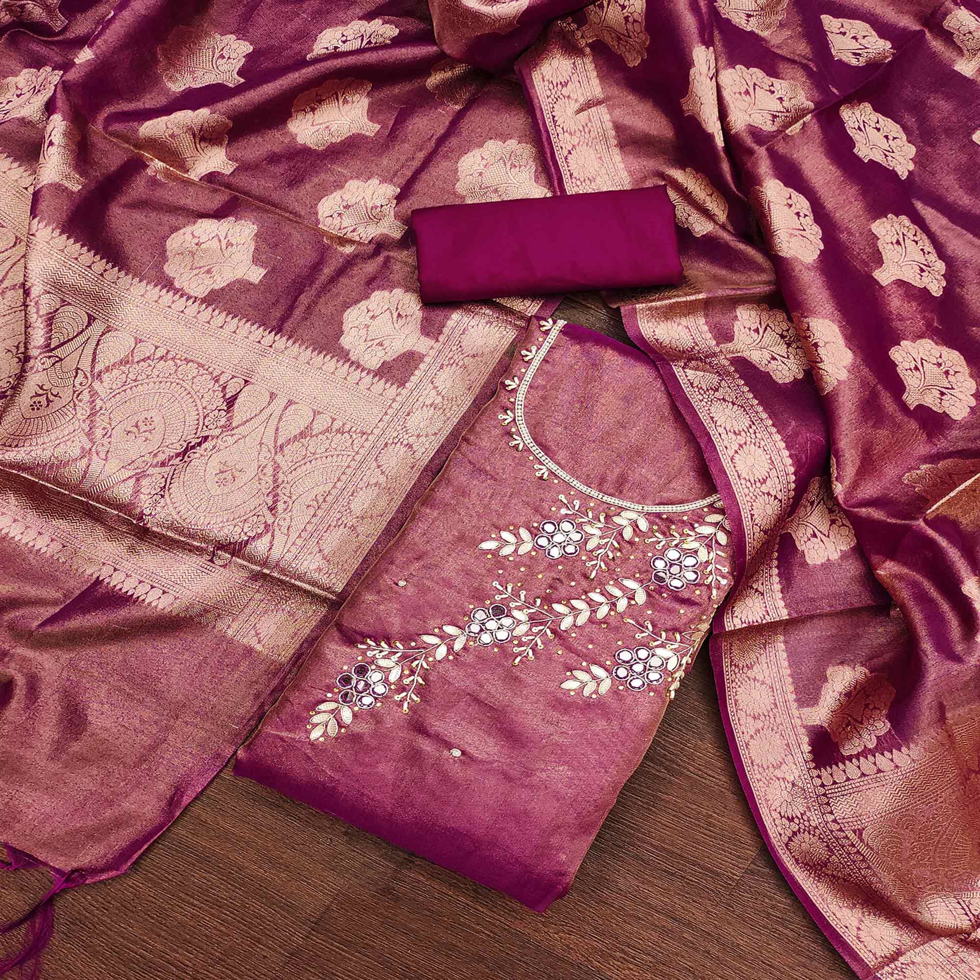 Purple Floral Hand Embroidered Viscose Dress Material