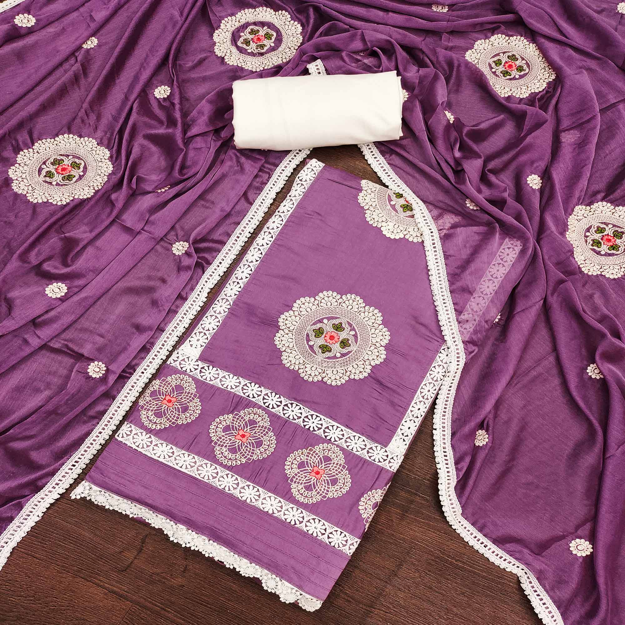 Purple Floral Embroidered Cotton Silk Dress Material