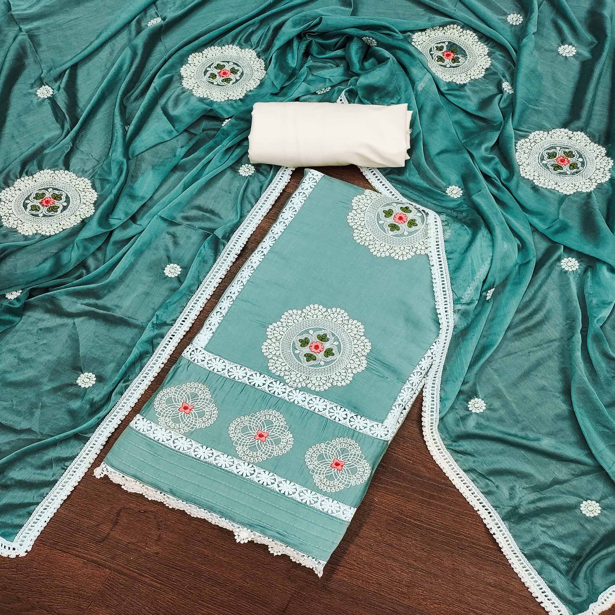 Rama Blue Floral Embroidered Cotton Silk Dress Material