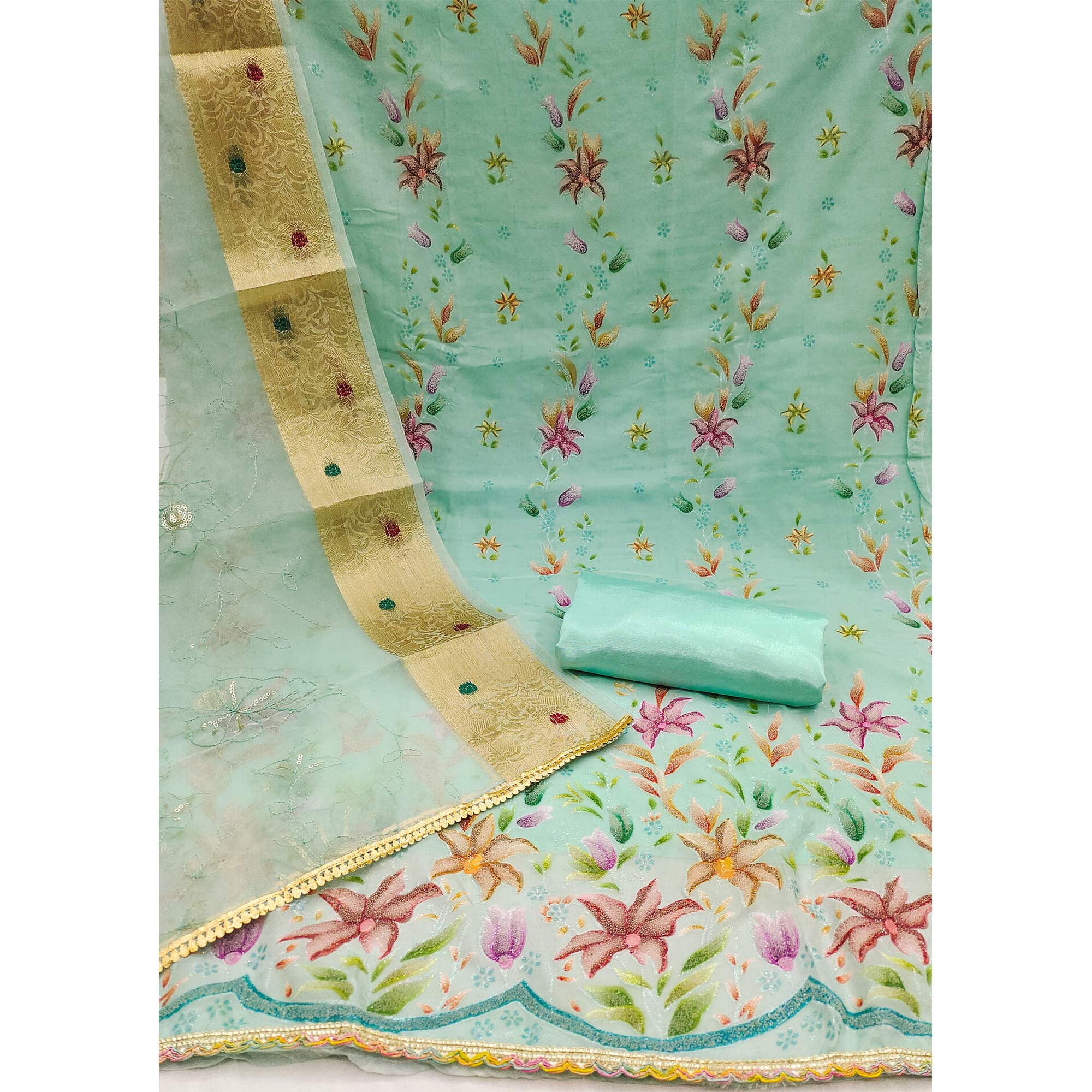 Turquoise Floral Hand Embroidered Organza Dress Material