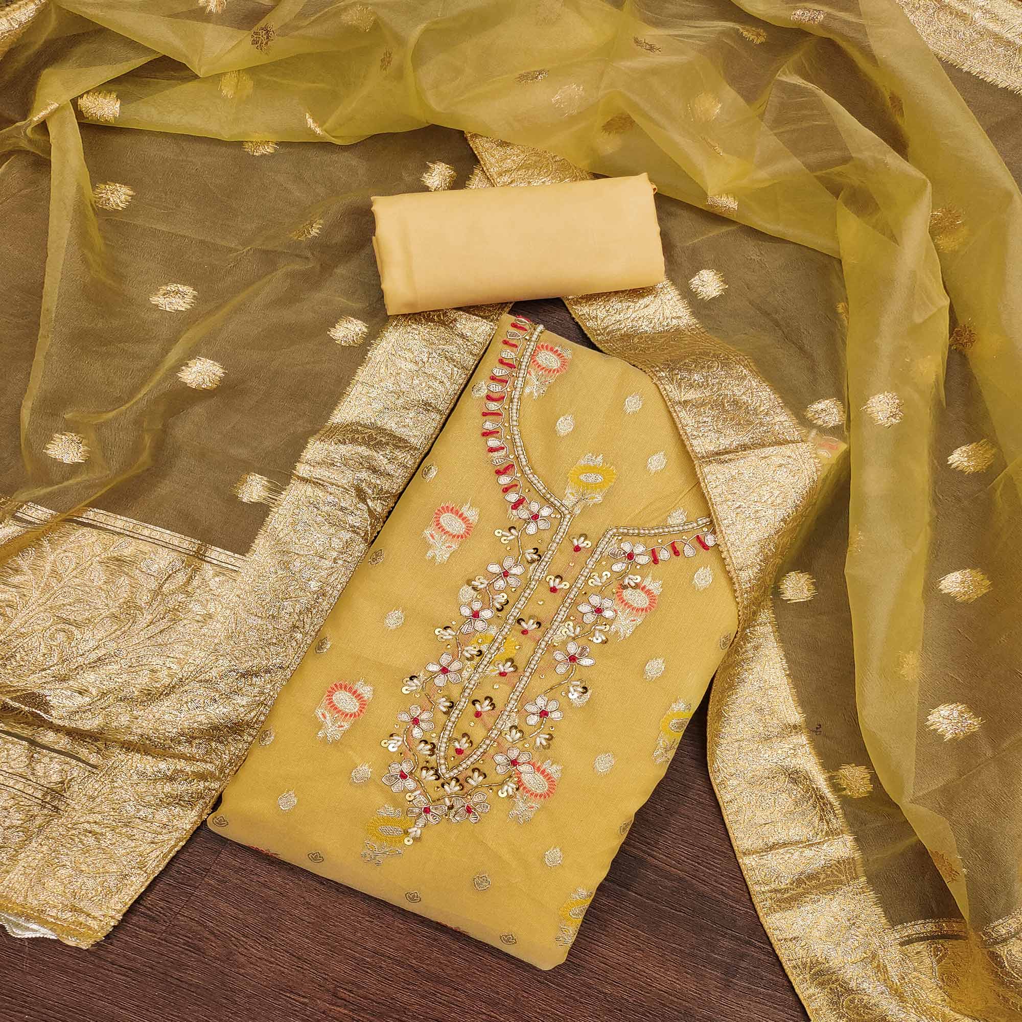 Yellow Woven With Handwork Organza Dress Material