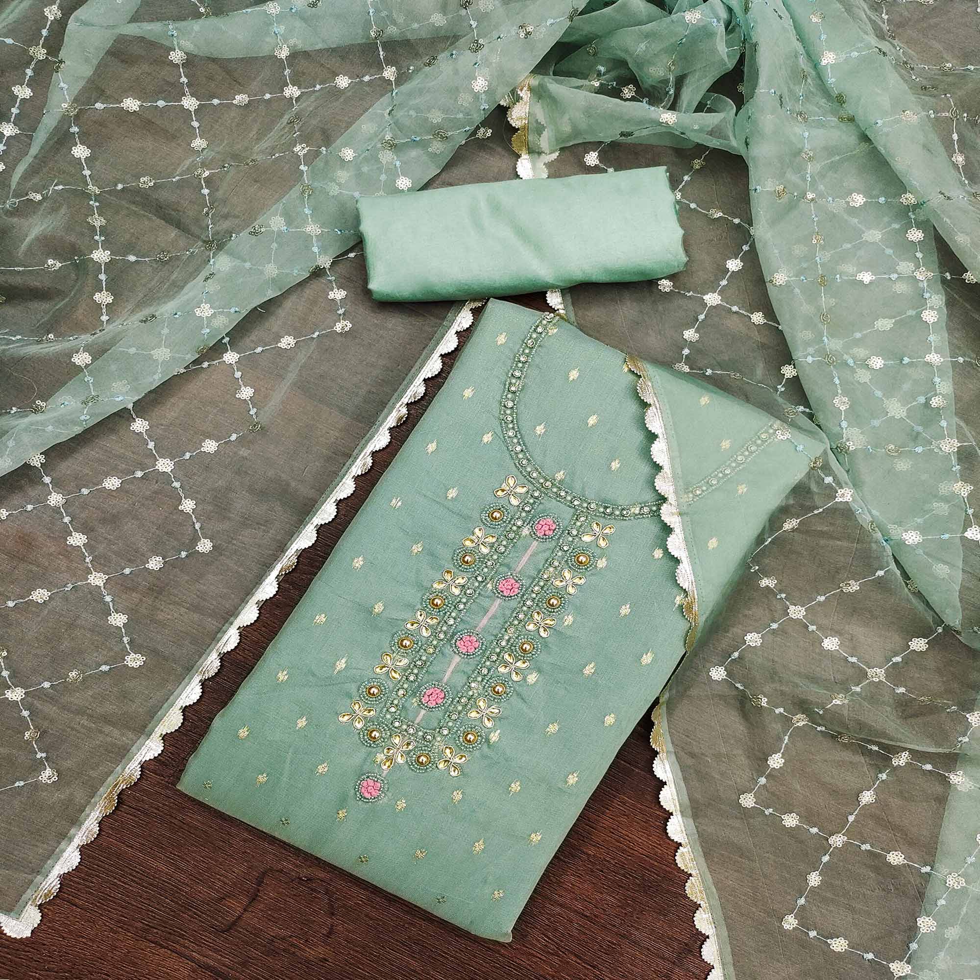Green Woven With Handwork Organza Dress Material