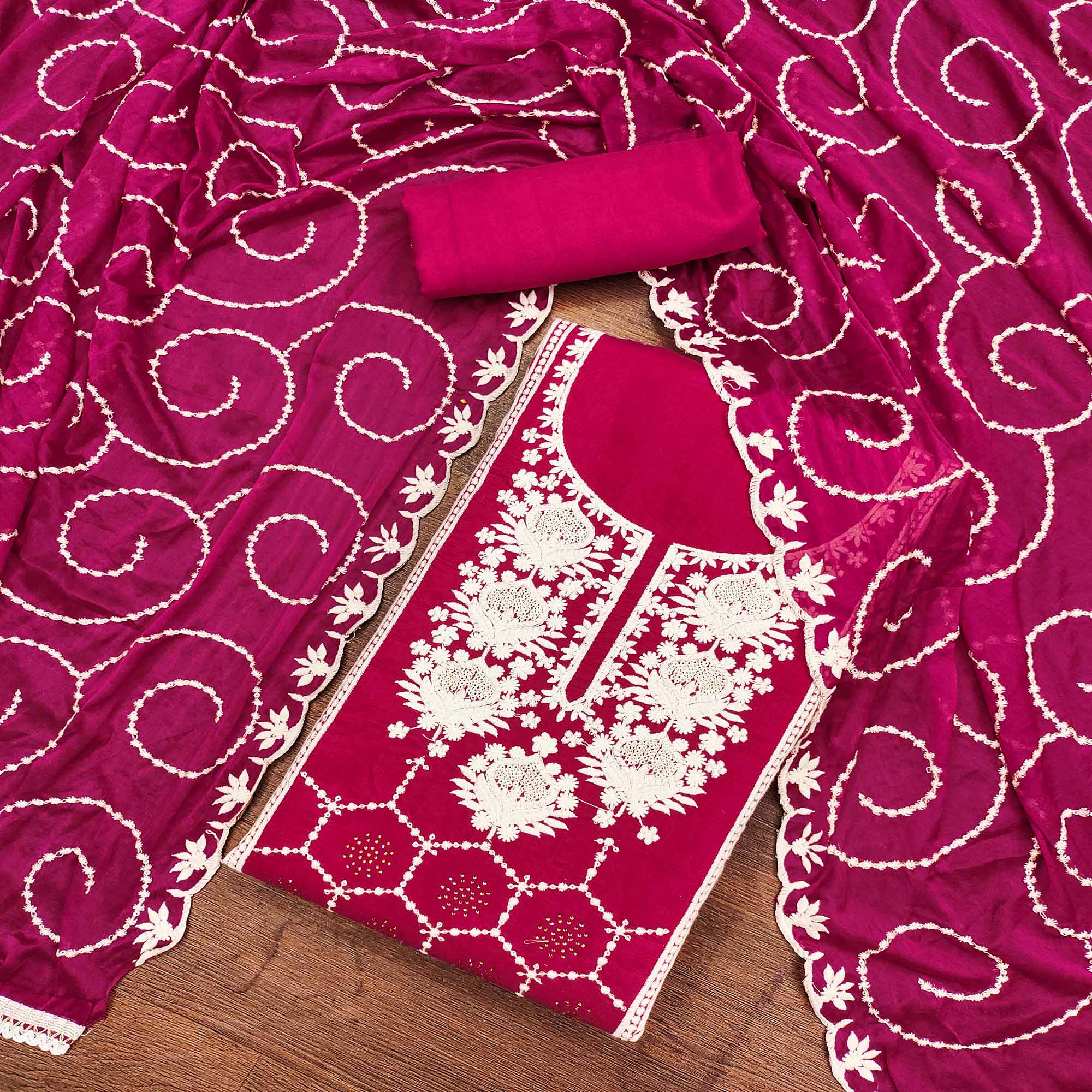 Rani Pink Floral Sequins Embroidered Chanderi Silk Dress Material