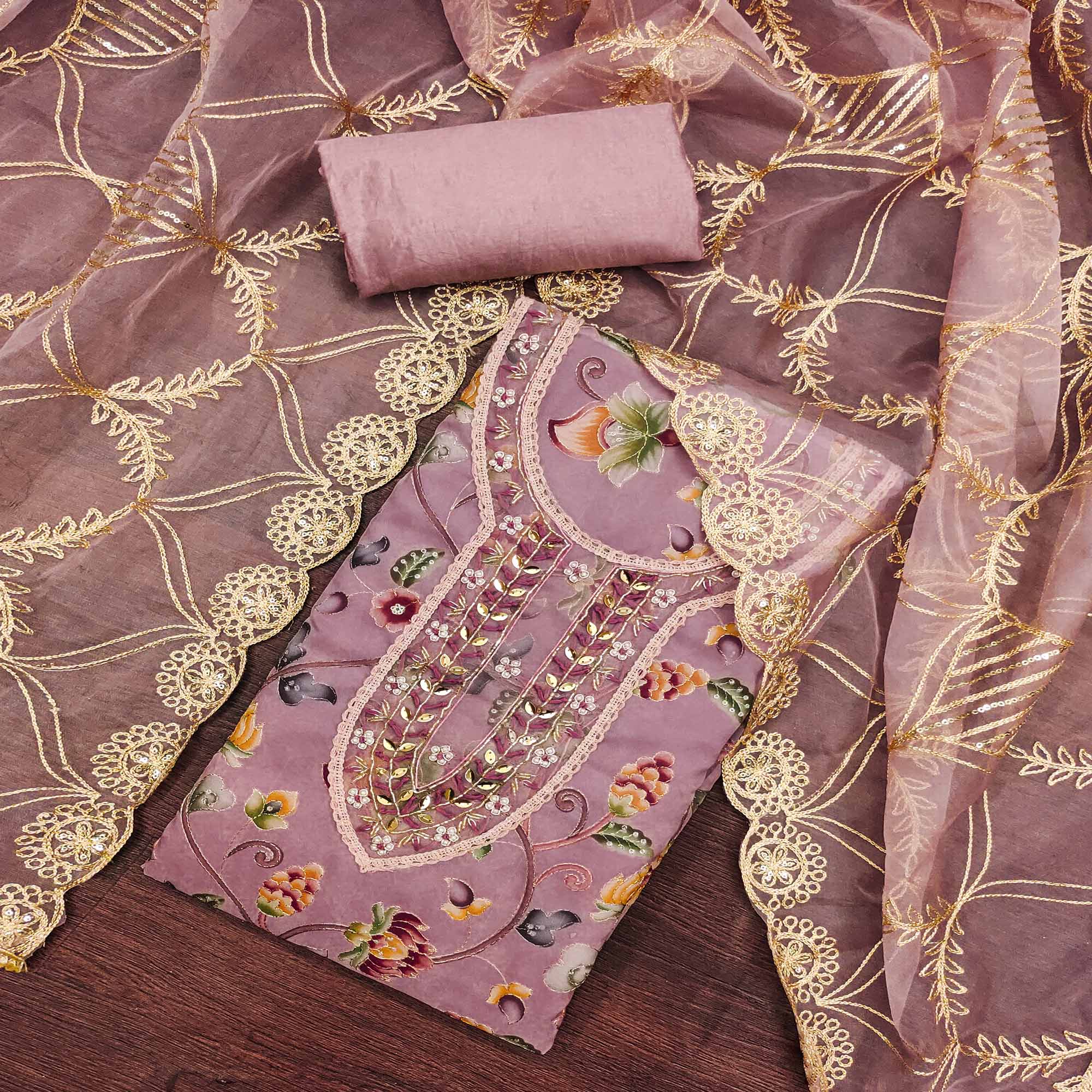 Mauve Floral Digital Printed With Hand Embroidery Organza Dress Material