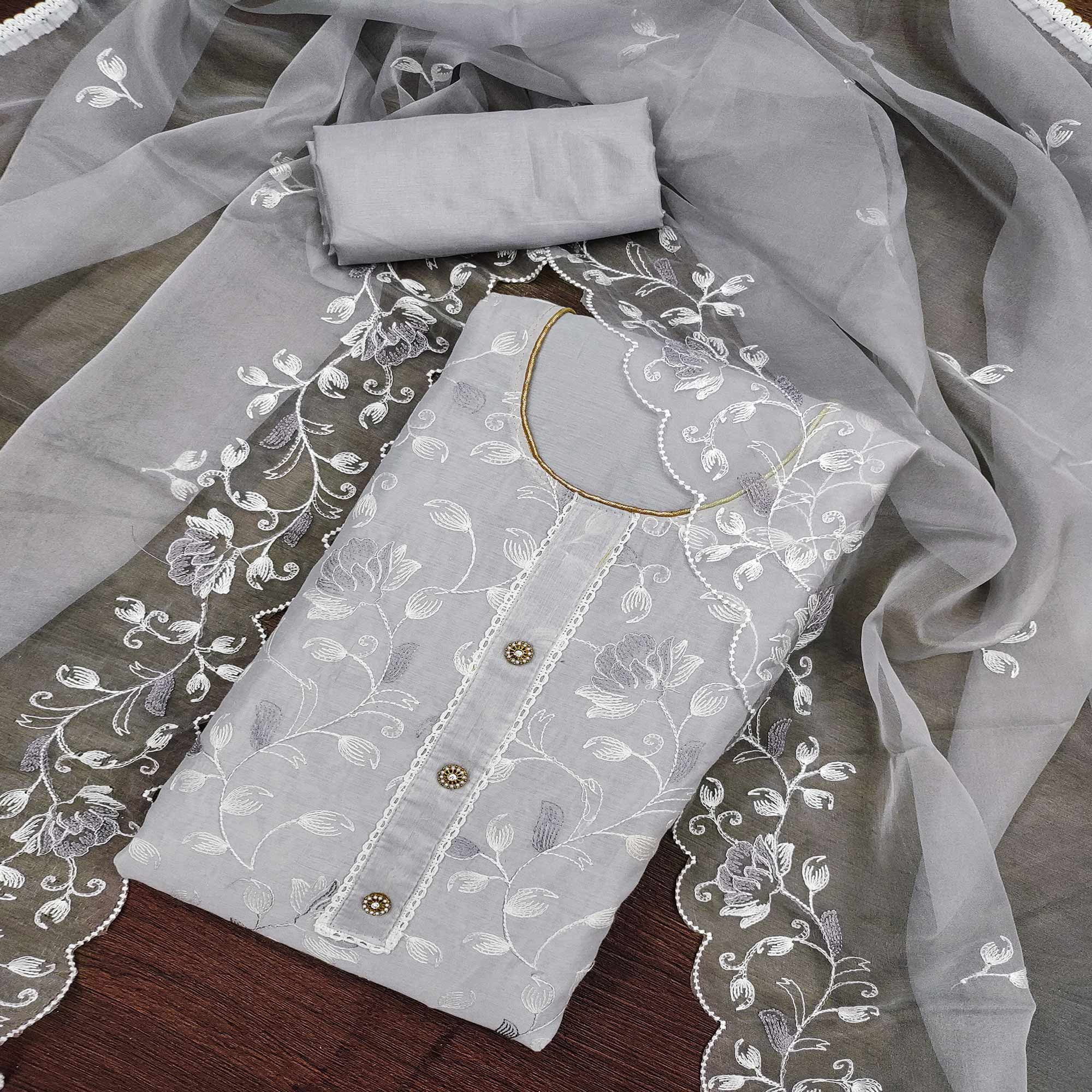Grey Floral Embroidered Chanderi Silk Dress Material