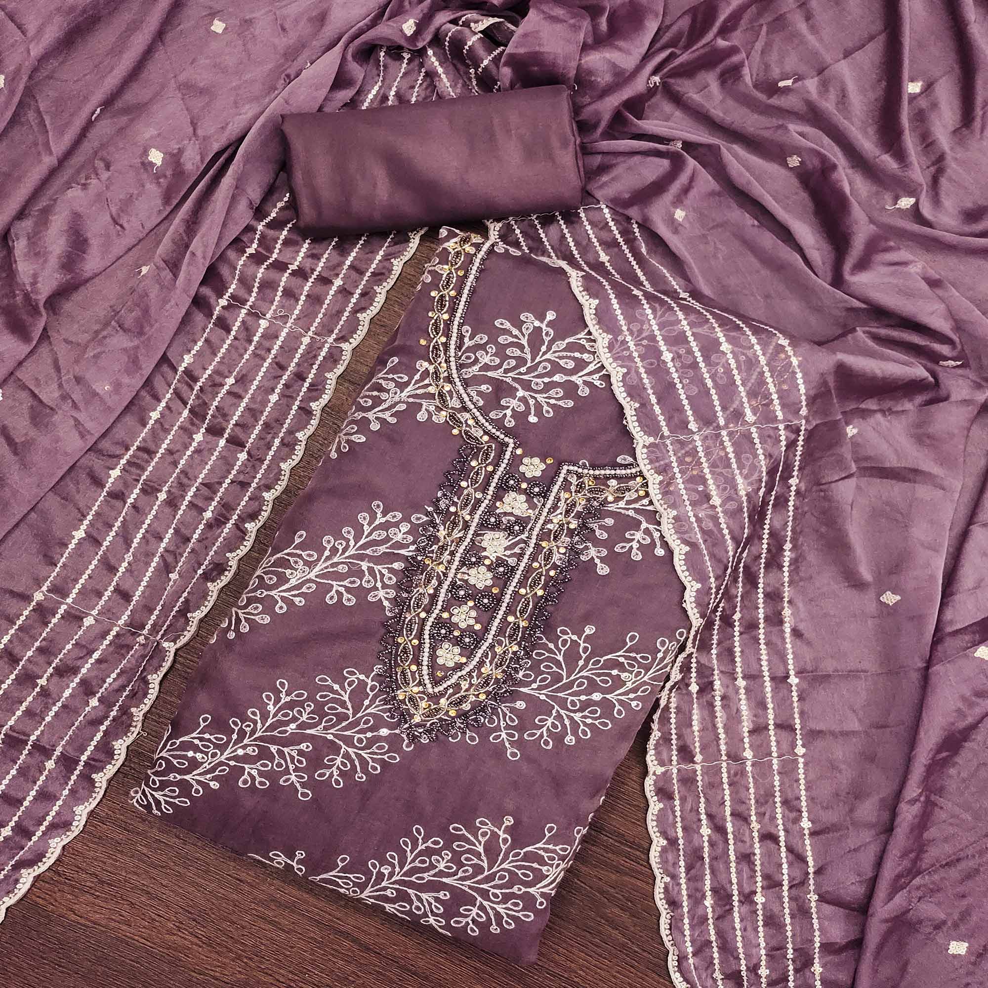 Wine Sequins Embroidery With Handwork Organza Dress Material