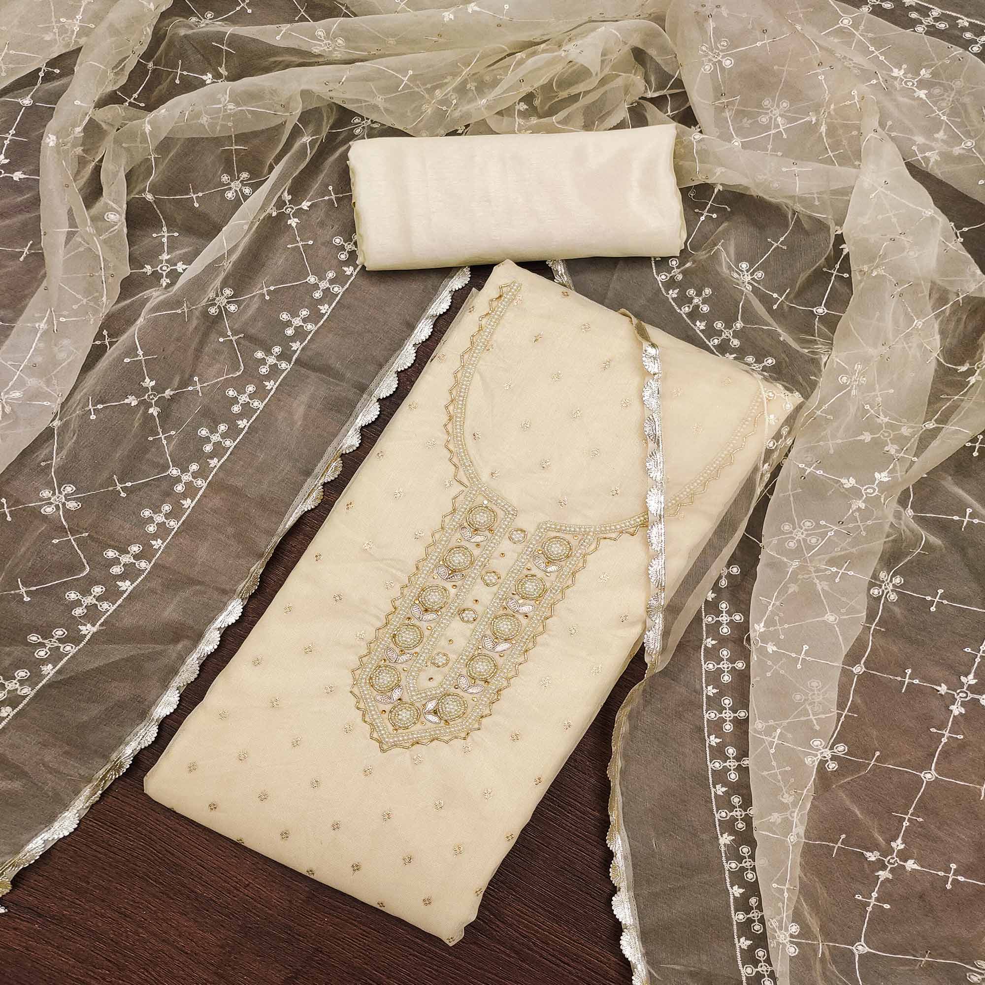 Offwhite Woven With Handwork Organza Dress Material