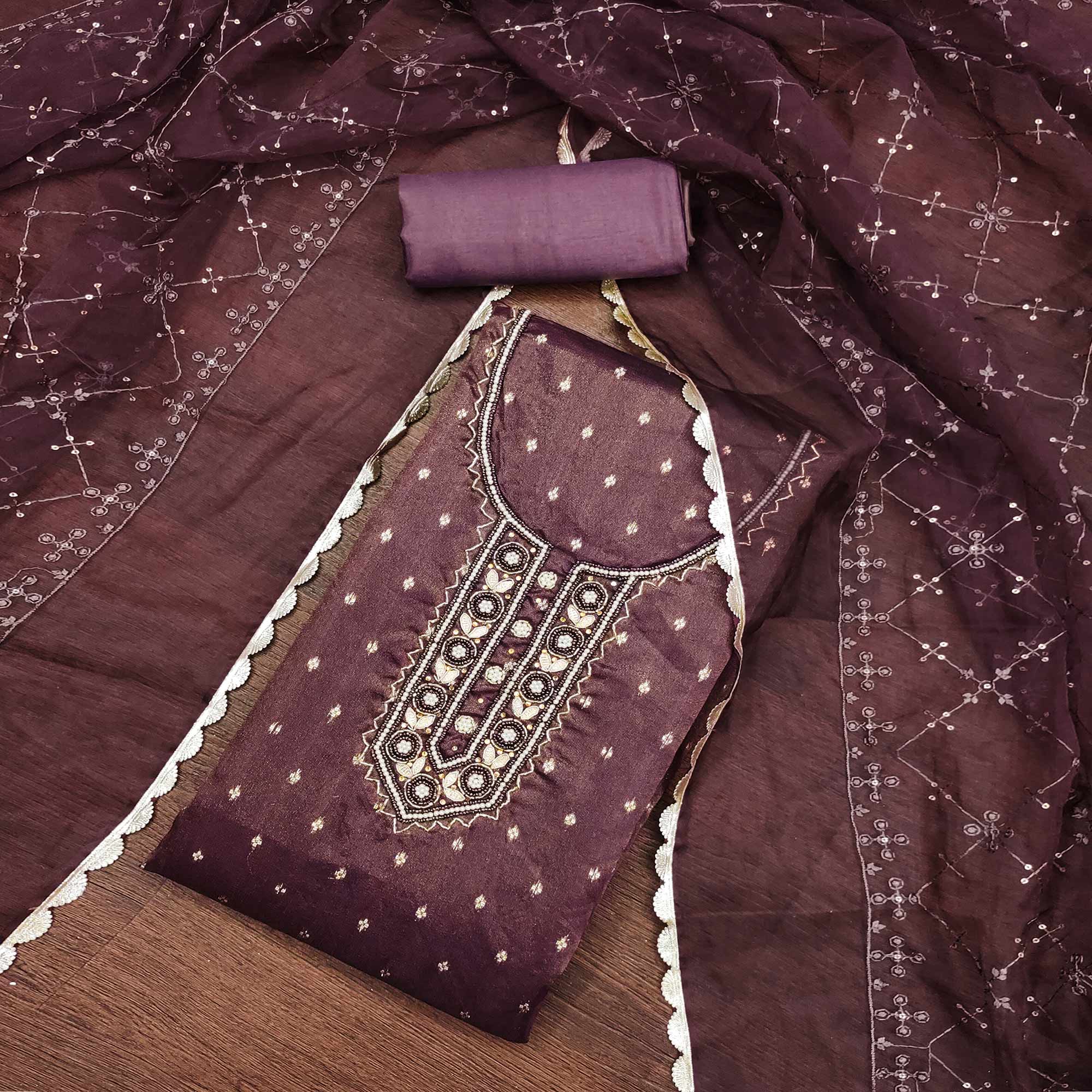 Wine Woven With Handwork Organza Dress Material