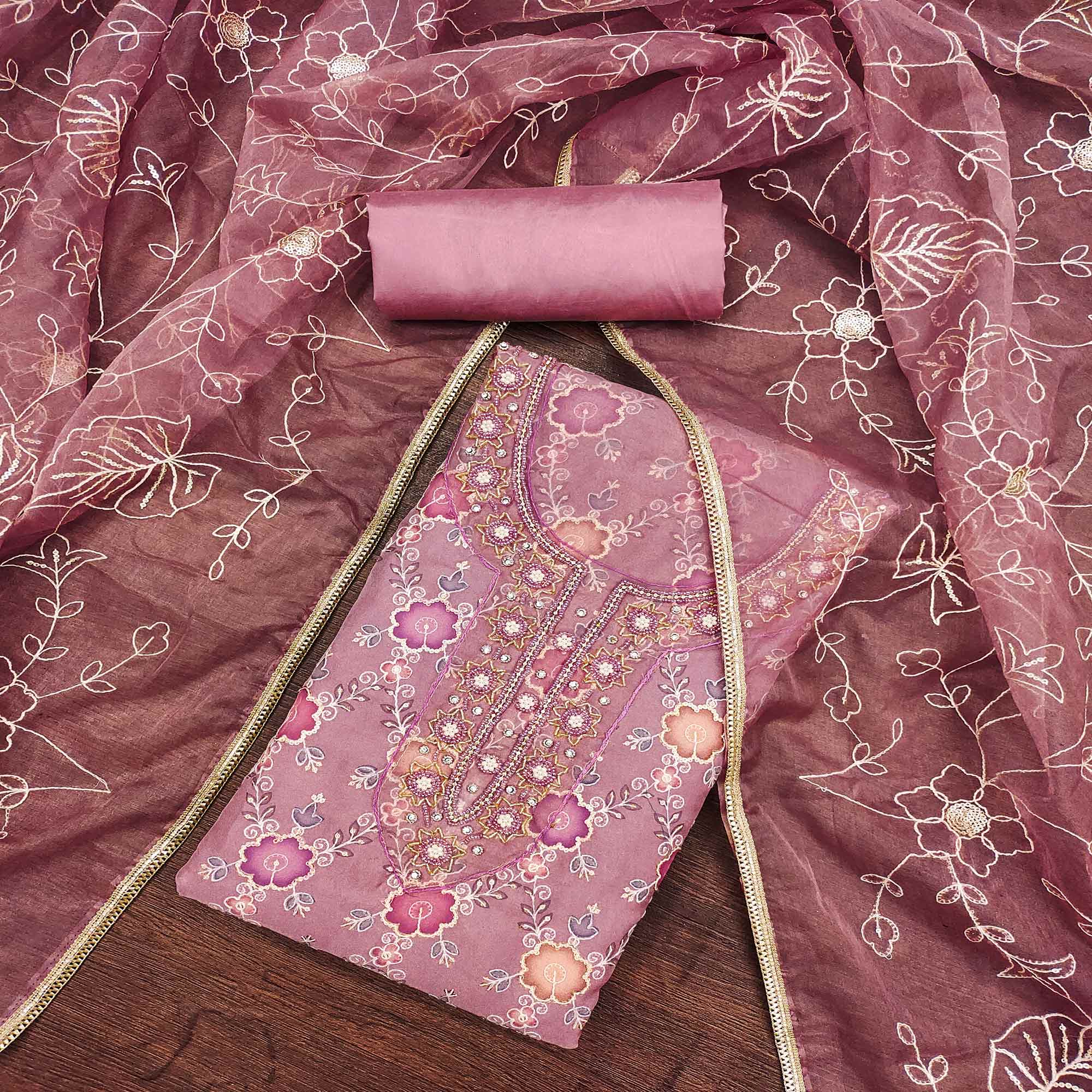 Purple Digital Printed With Hand Embroidered Organza Dress Material