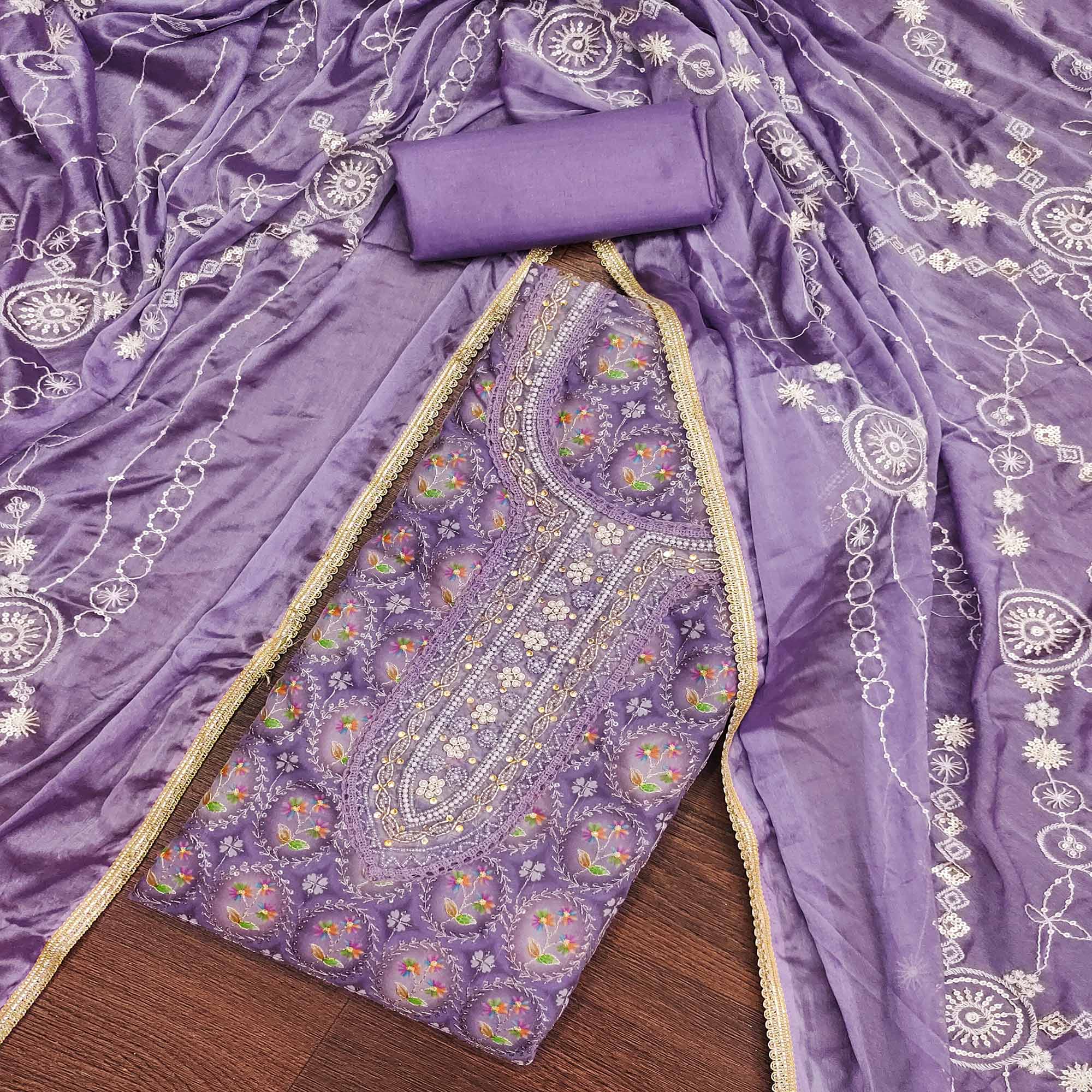 Purple Sequins Embroidery With Handwork Organza Dress Material