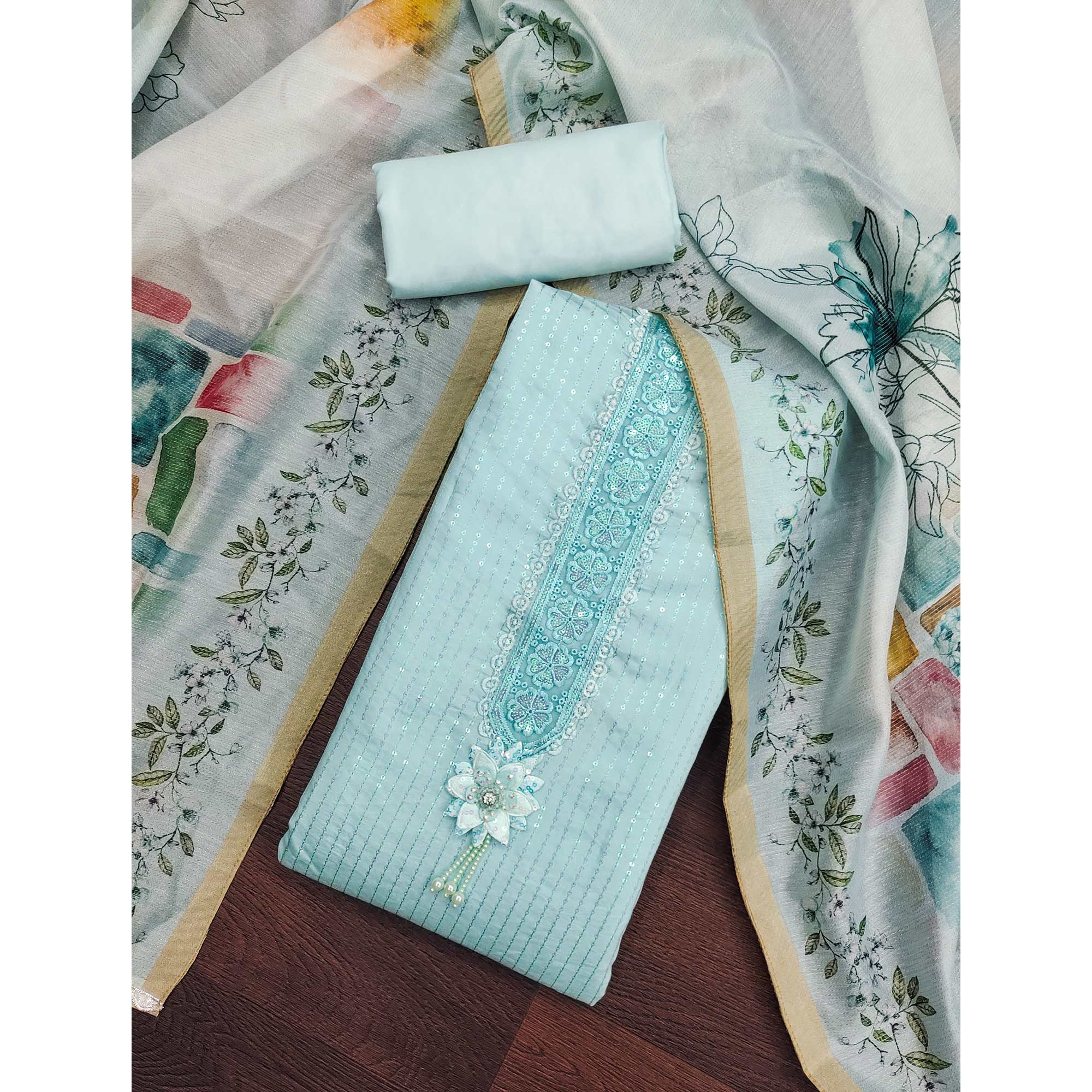 Blue Floral Sequin Embroidered Cotton Silk Dress Material