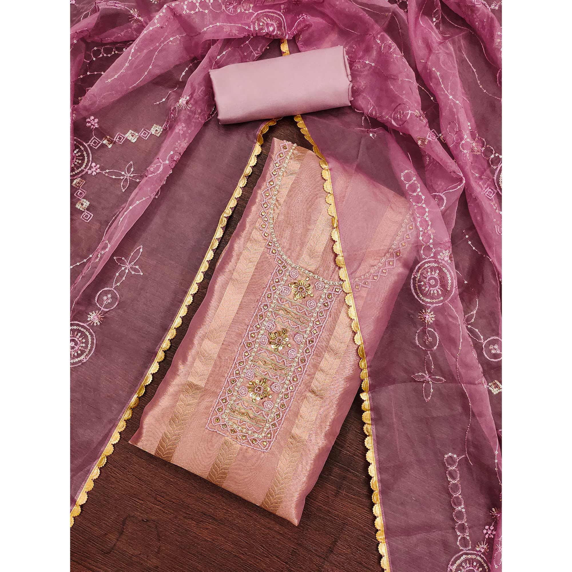 Mauve Sequins Hand Embroidery Organza Dress Material