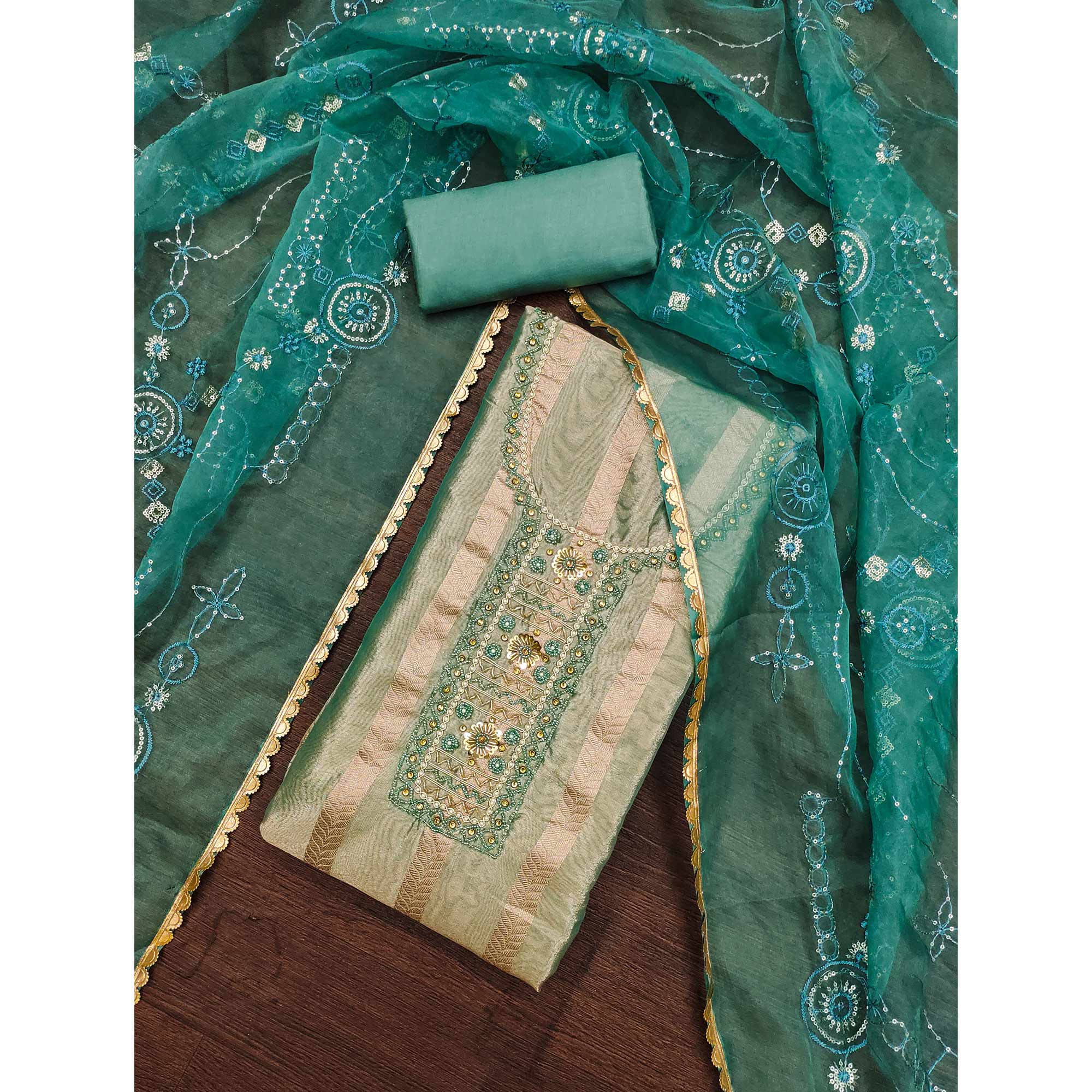 Rama Green Sequins Hand Embroidery Organza Dress Material