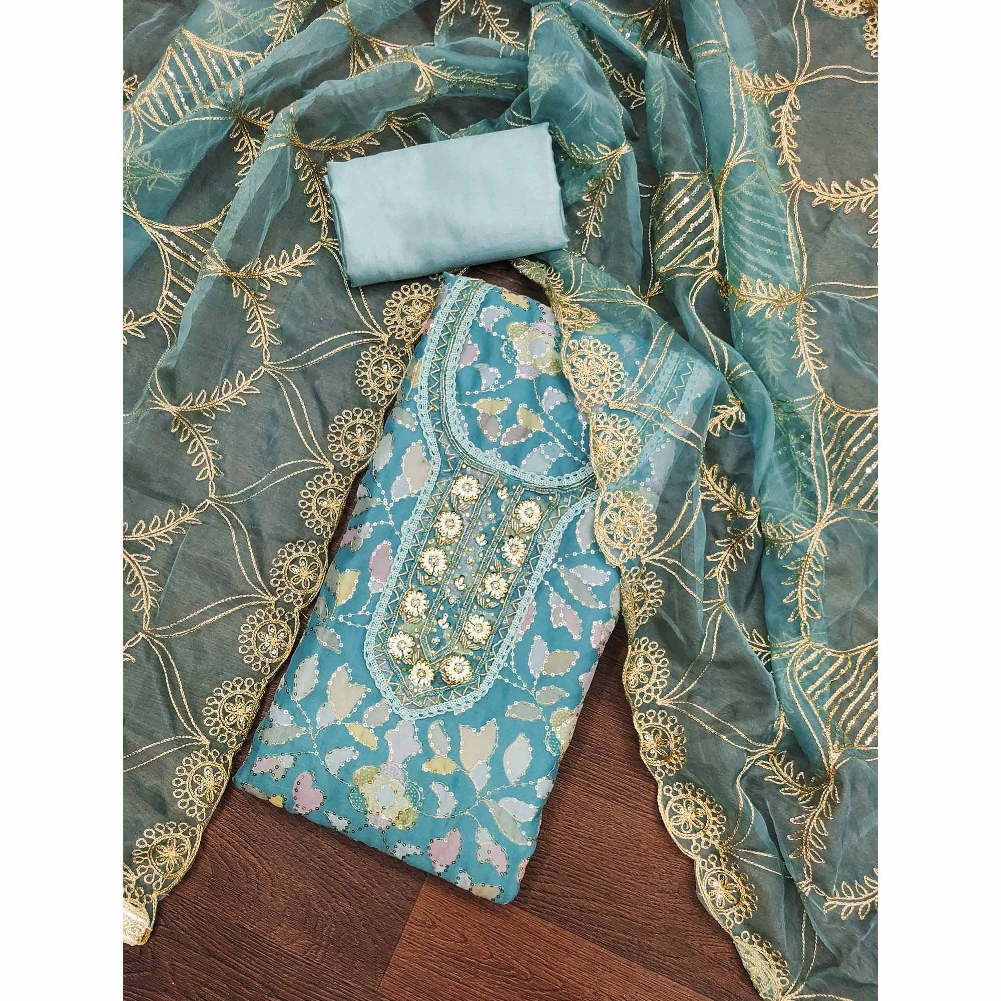 Blue Floral Sequins Embroidery Organza Dress Material