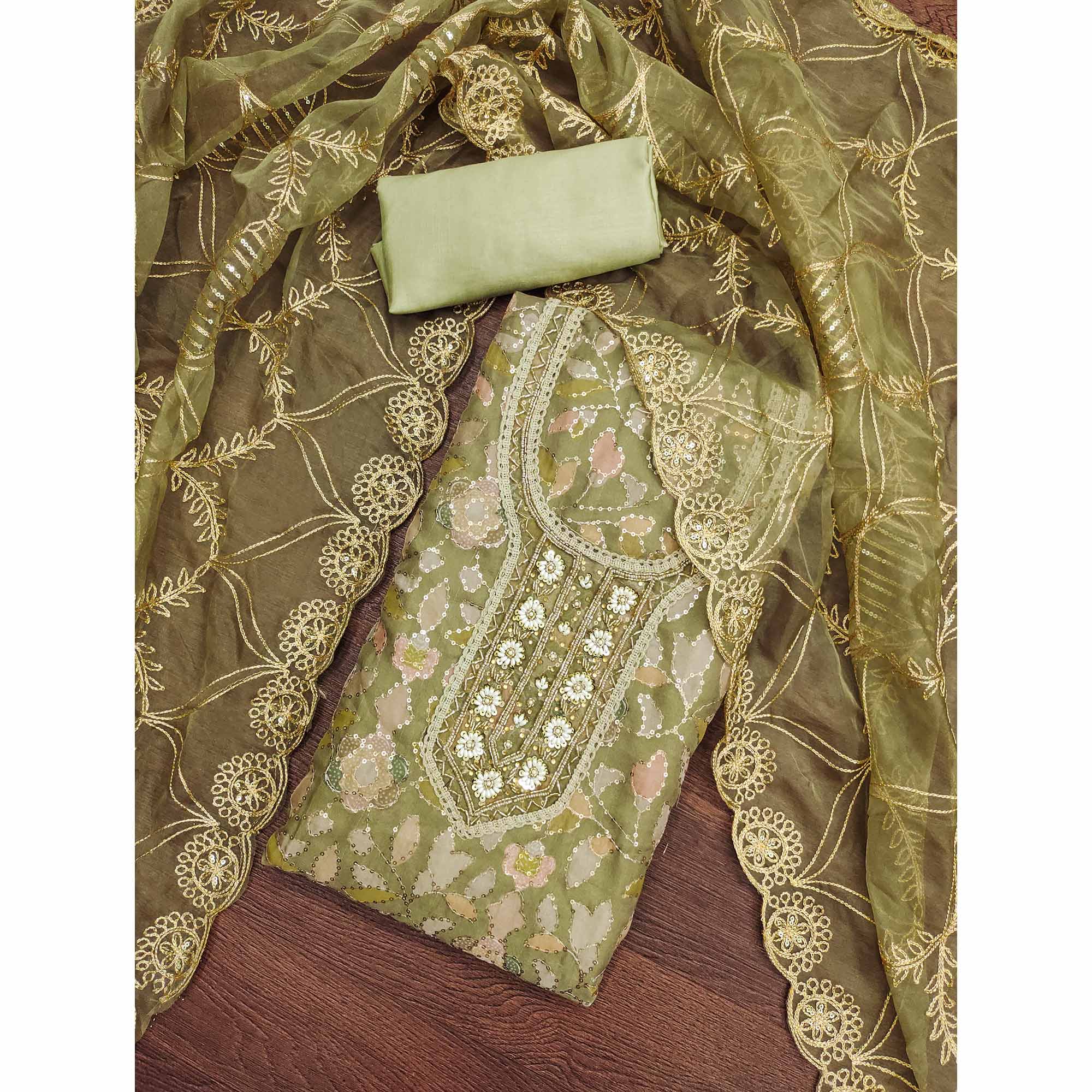 Mehendi Green Floral Sequins Embroidery Organza Dress Material