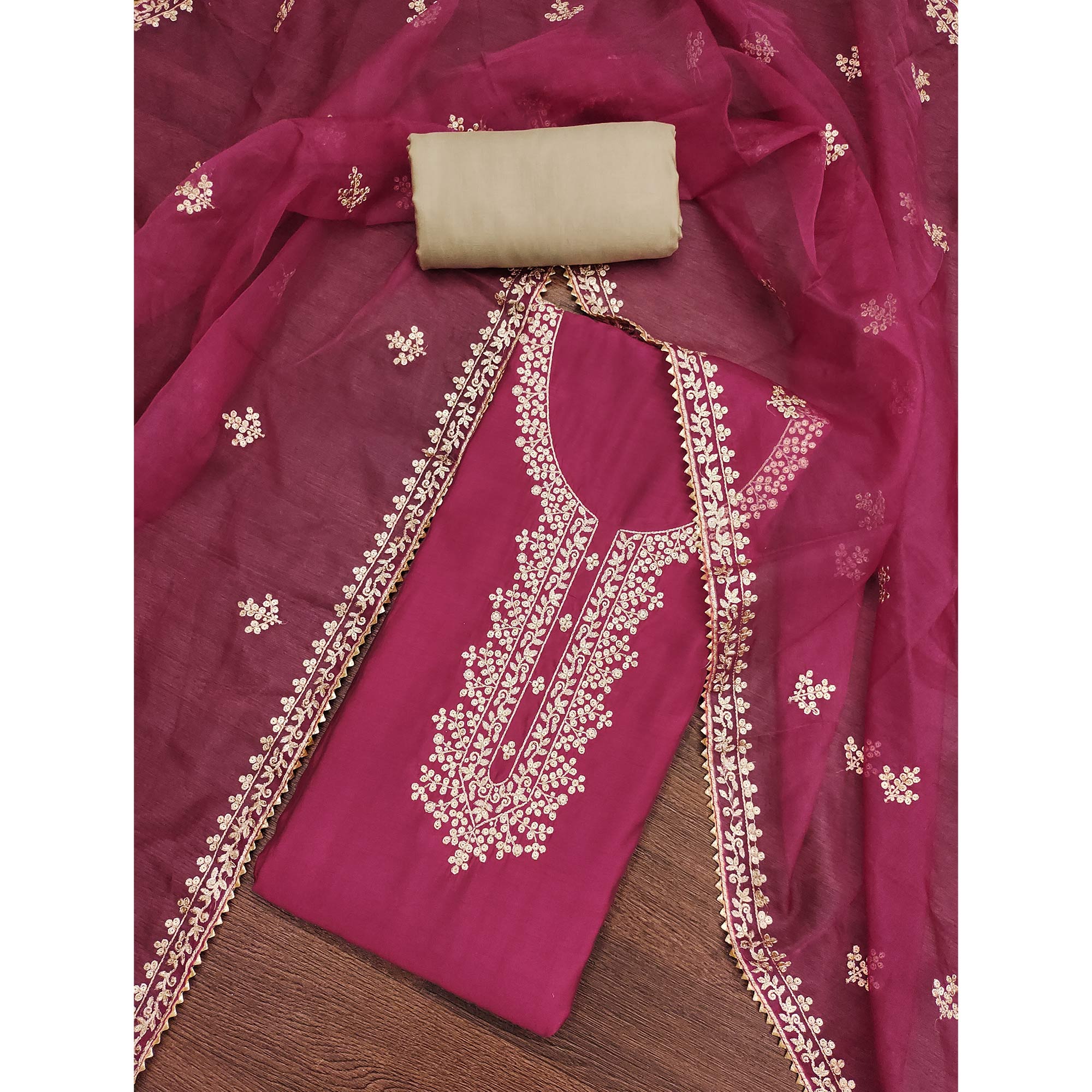 Pink Sequins Embroidered Cotton Silk Dress Material