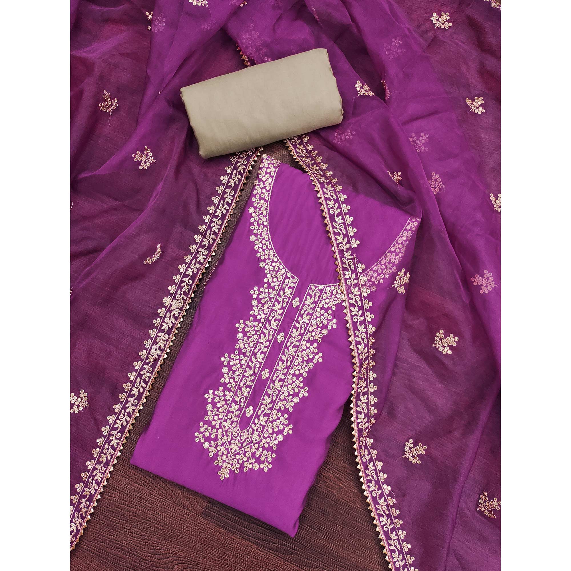 Purple Sequins Embroidered Cotton Silk Dress Material