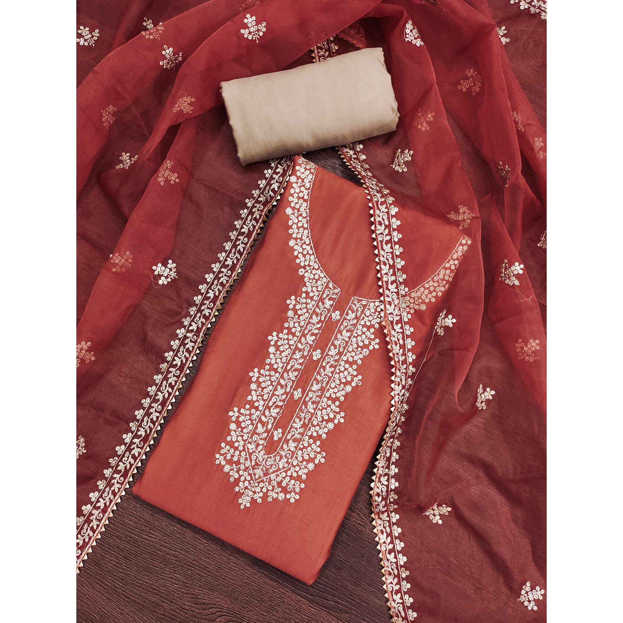 Rust Sequins Embroidered Cotton Silk Dress Material