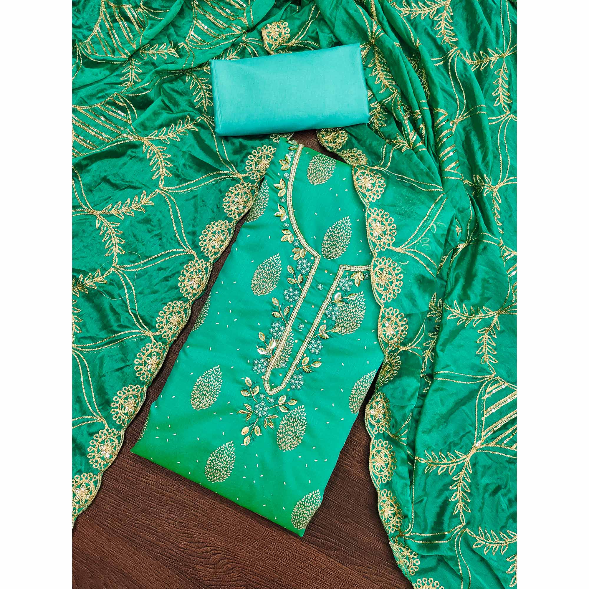 Turquoise Printed With Hand Embroidered Chanderi Silk Dress Material