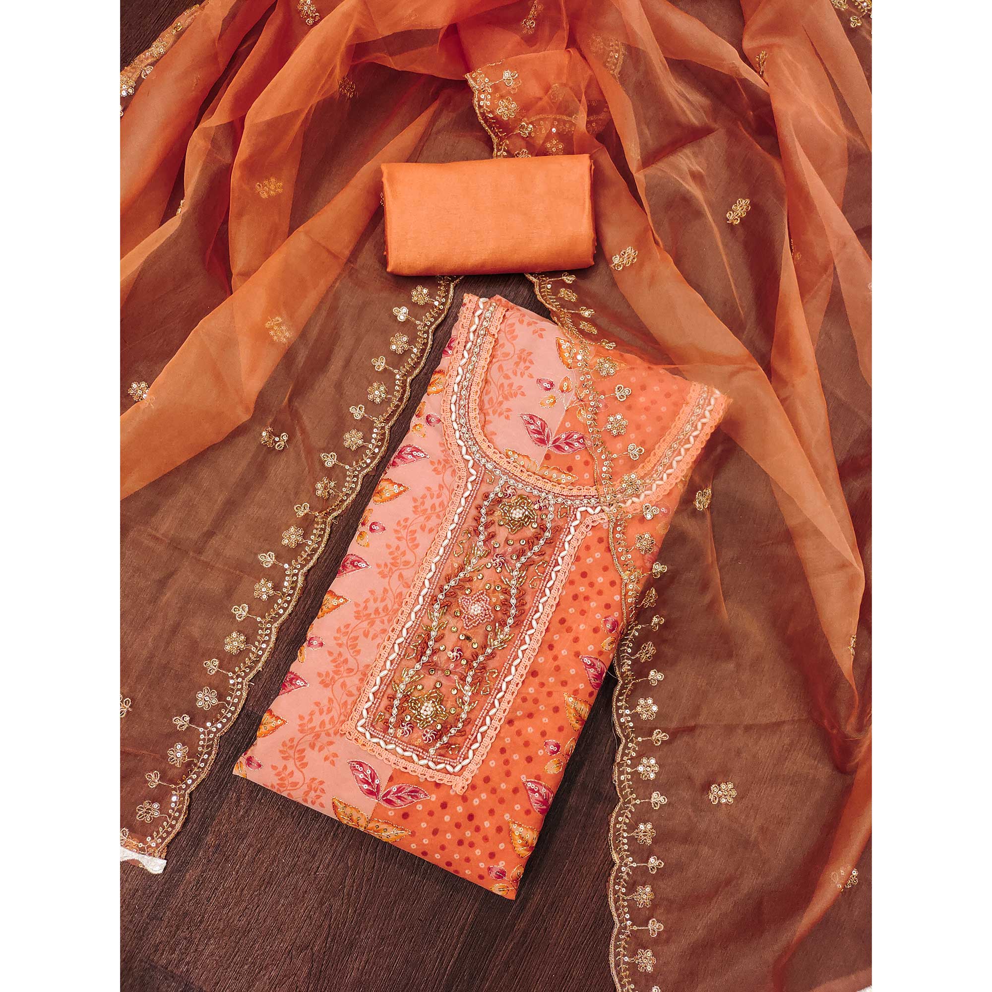 Orange Floral Sequins Embroidery With Printed Organza Dress Material