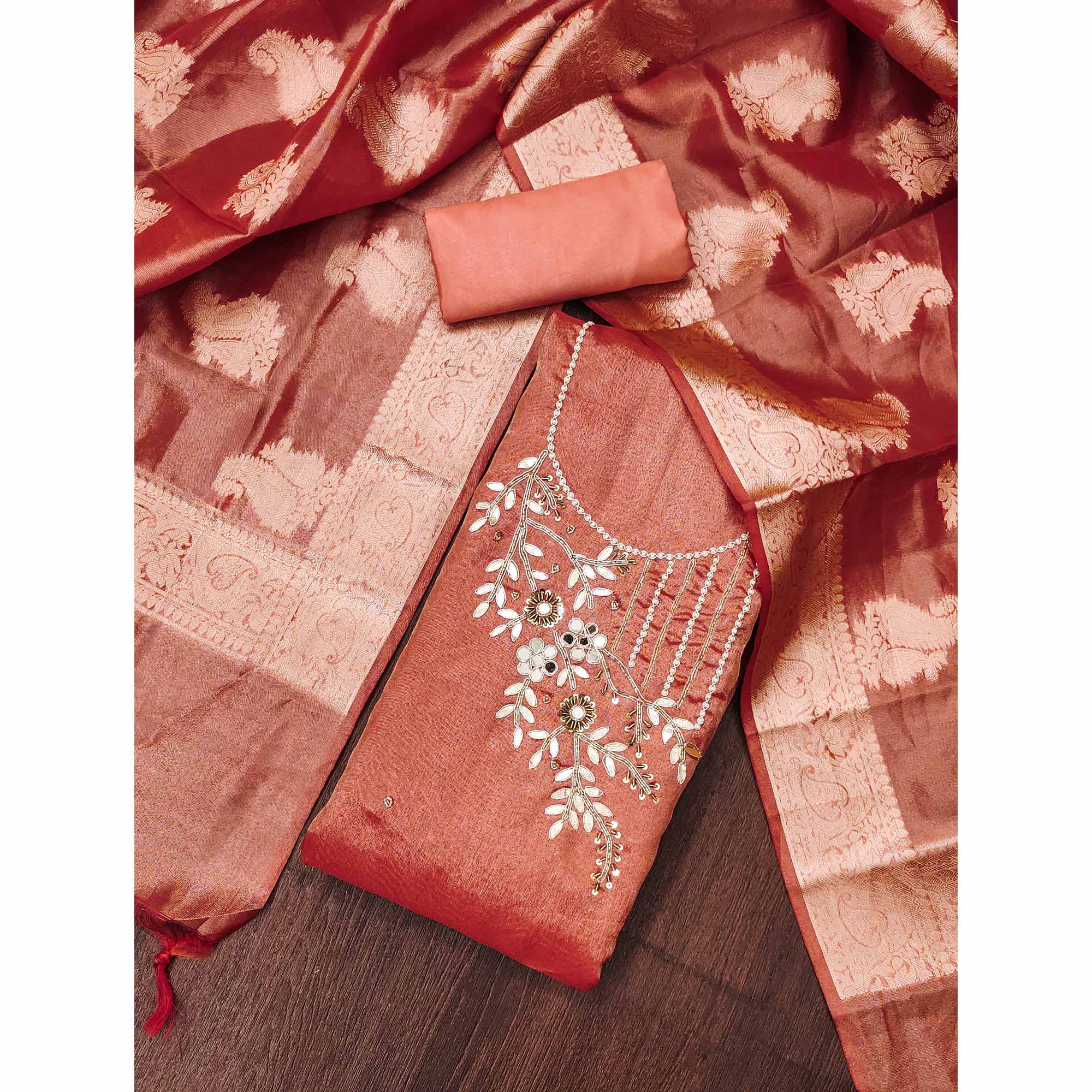 Dark Peach Floral Moti With Gota Patti Handwork Viscose Dress Material