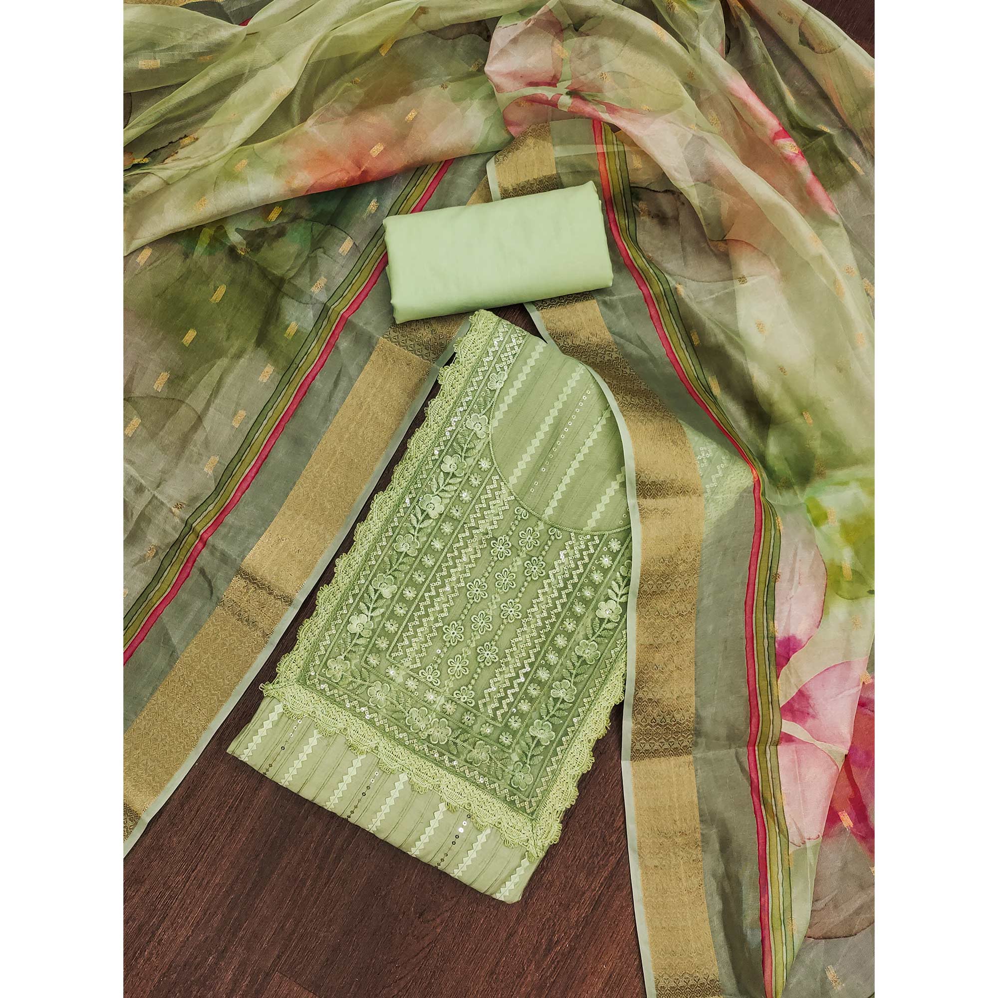 Green Floral Sequins Embroidered Cotton Silk Dress Material